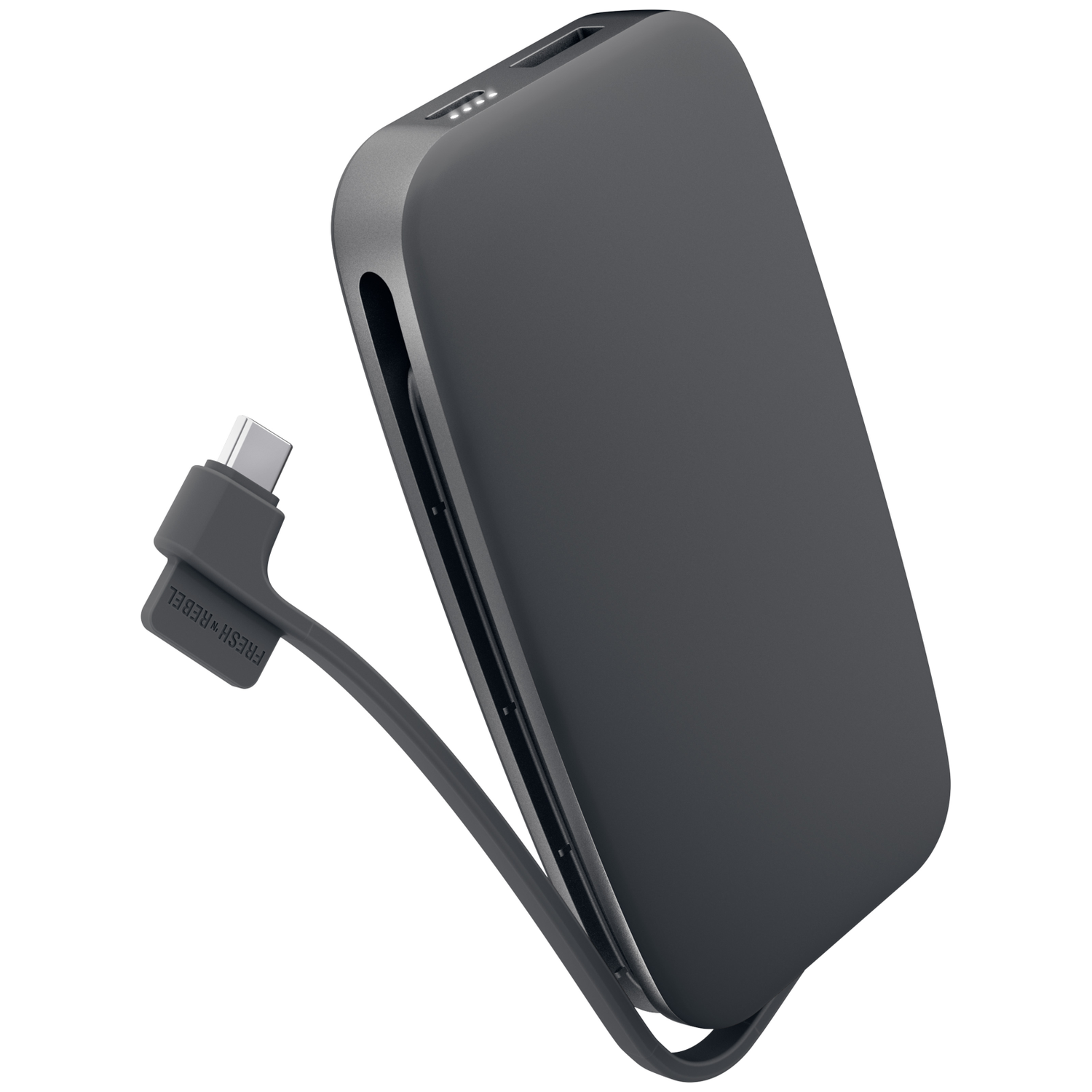 Batterie externe gris foncé avec câble de charge intégré et ports.
