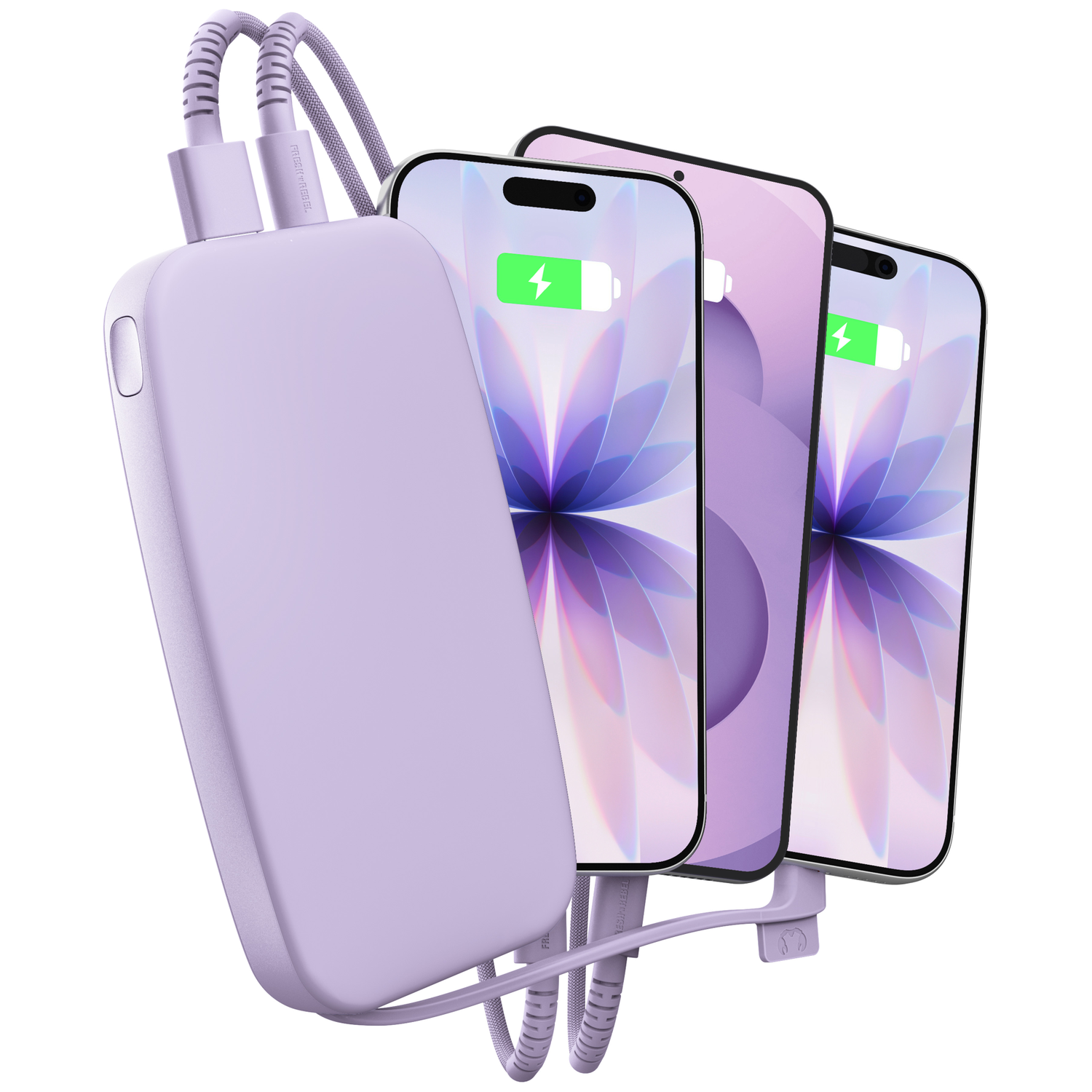 Une batterie externe violette recharge trois smartphones affichant un graphique violet.