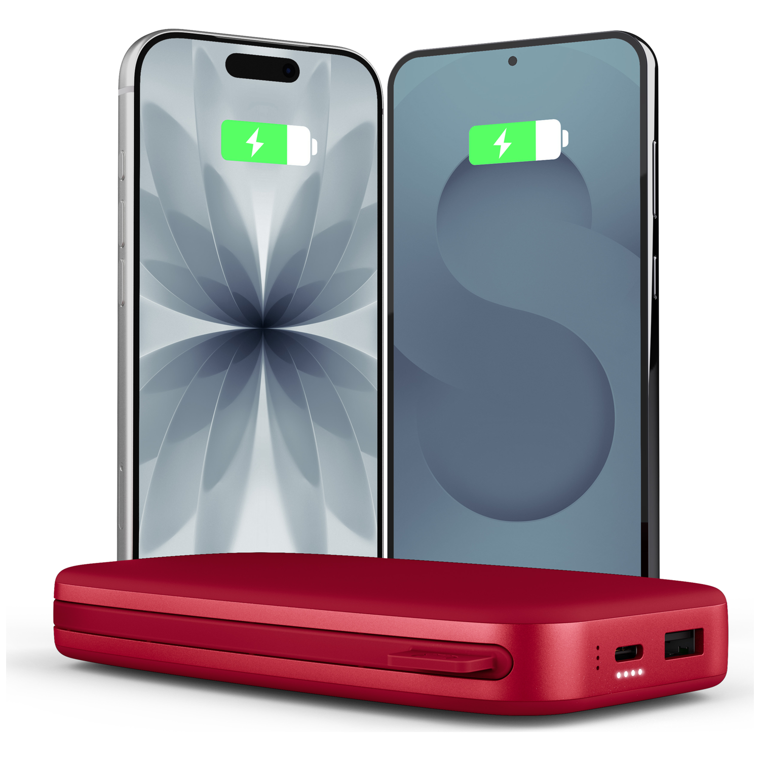 Deux smartphones avec icônes de charge derrière une batterie externe rouge sur fond blanc.