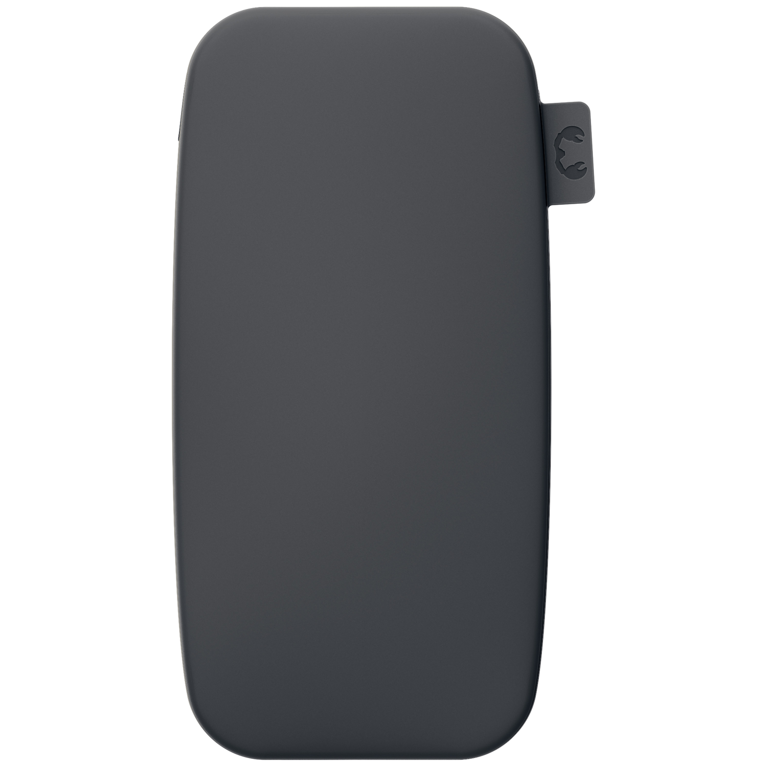 Un étui de protection gris et arrondi avec une petite languette à logo.