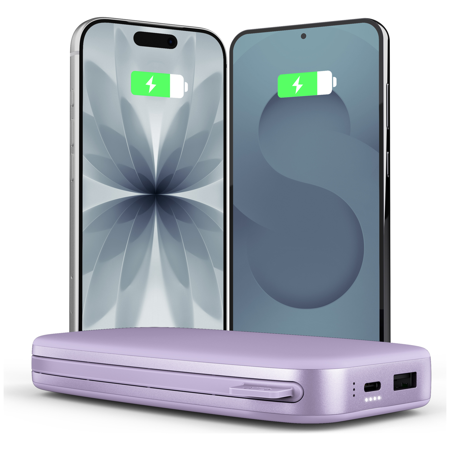 Deux smartphones avec icône de charge derrière une batterie externe violette.
