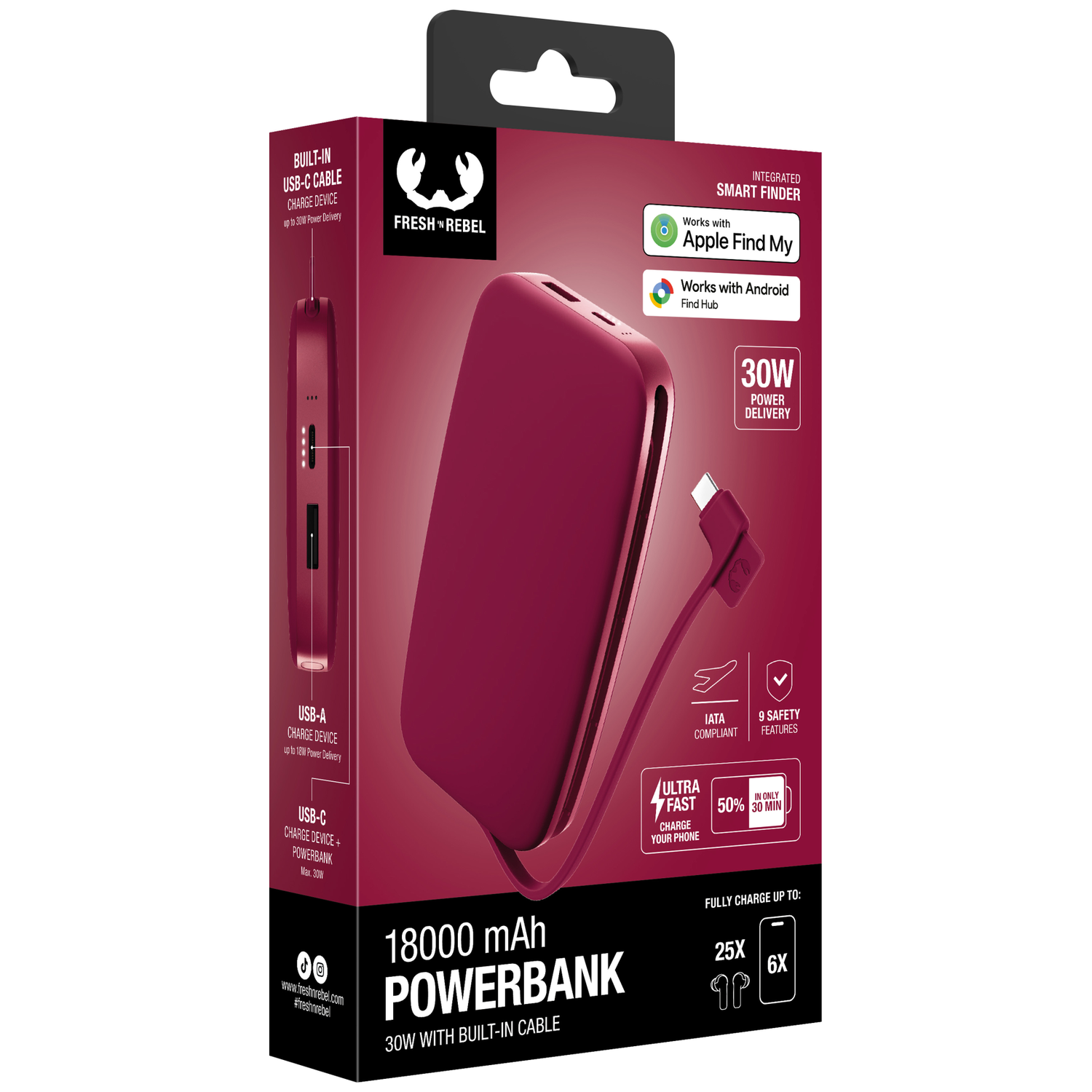 Batterie externe rouge Fresh 'n Rebel 18000 mAh avec câble intégré dans son emballage.