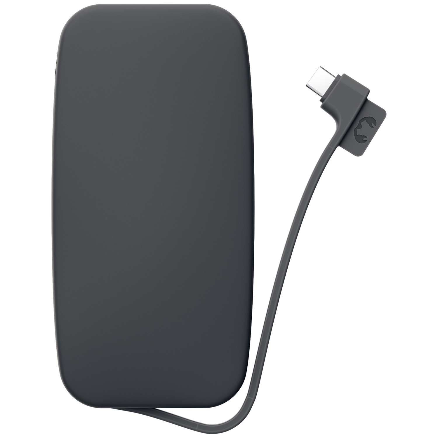 Une batterie externe rectangulaire gris foncé avec un câble USB-C attaché sur fond blanc.