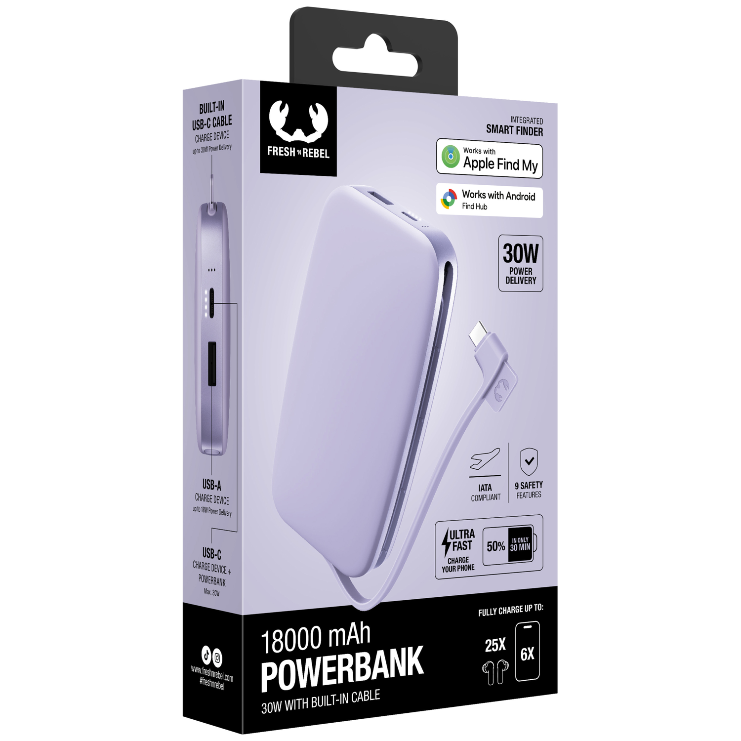 Batterie externe violette Fresh 'n Rebel dans sa boîte avec câble intégré.