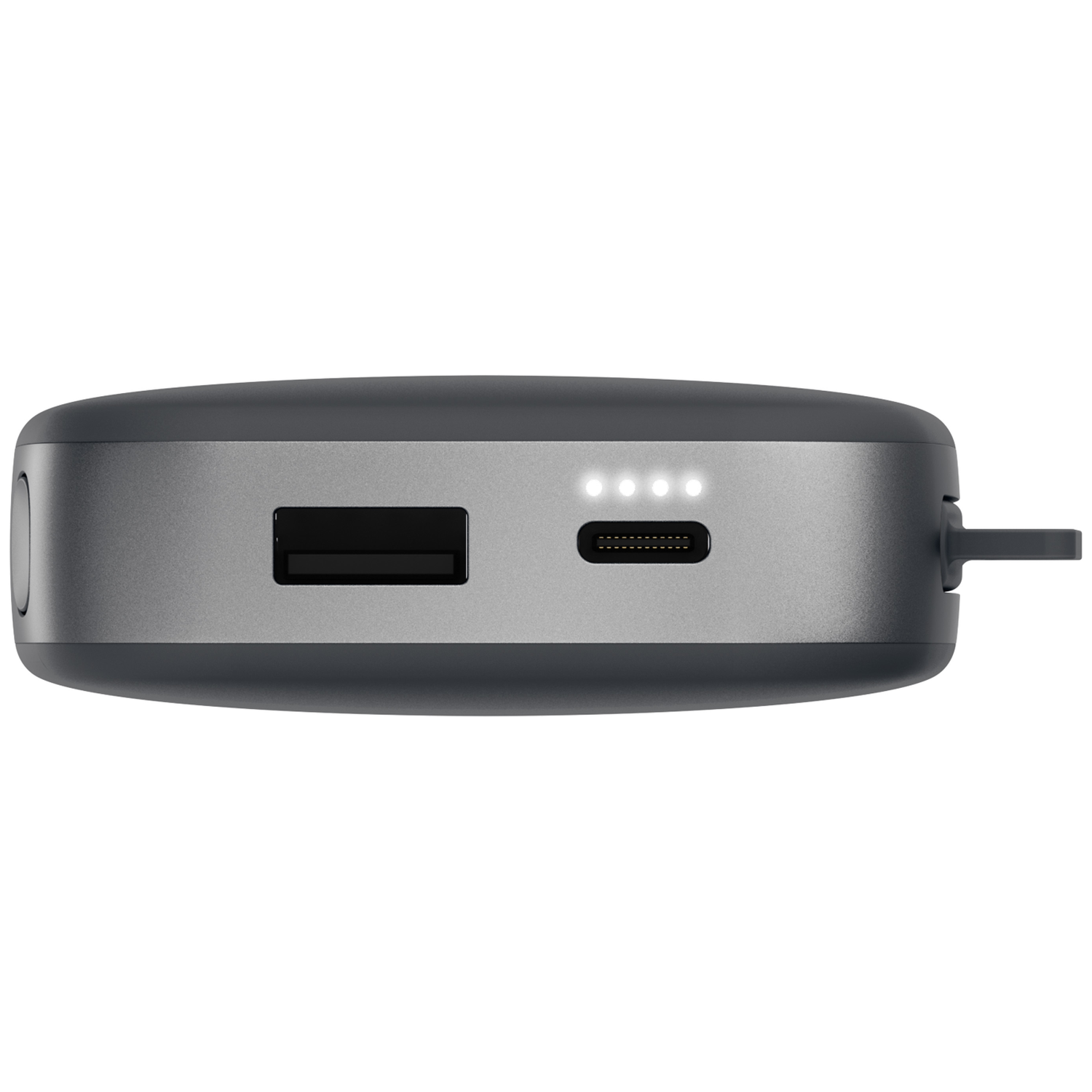 Batterie externe grise dotée de ports USB-A et USB-C, avec quatre voyants lumineux blancs allumés.