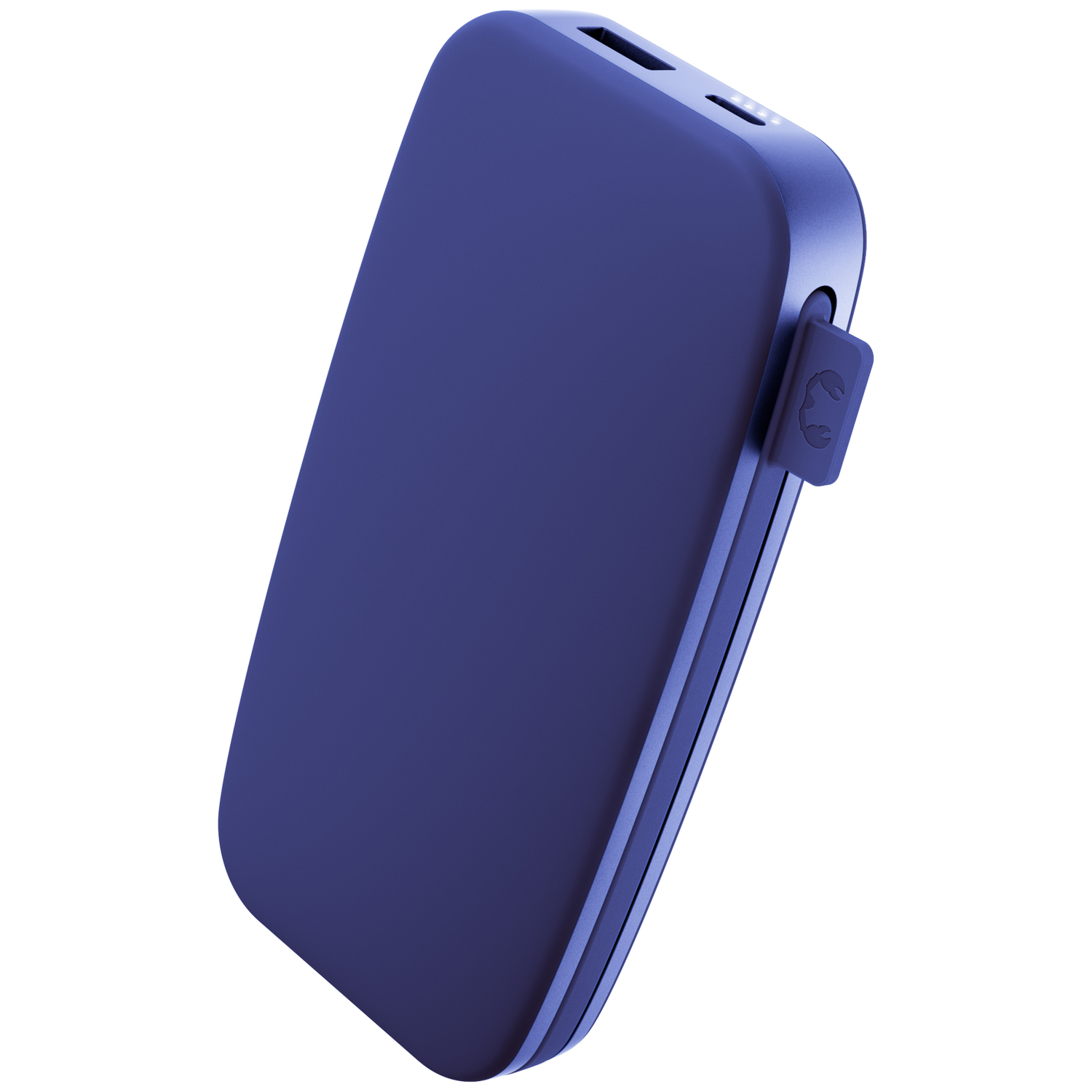 Une batterie externe bleue aux coins arrondis, ports USB sur le dessus et languette latérale sur fond blanc.