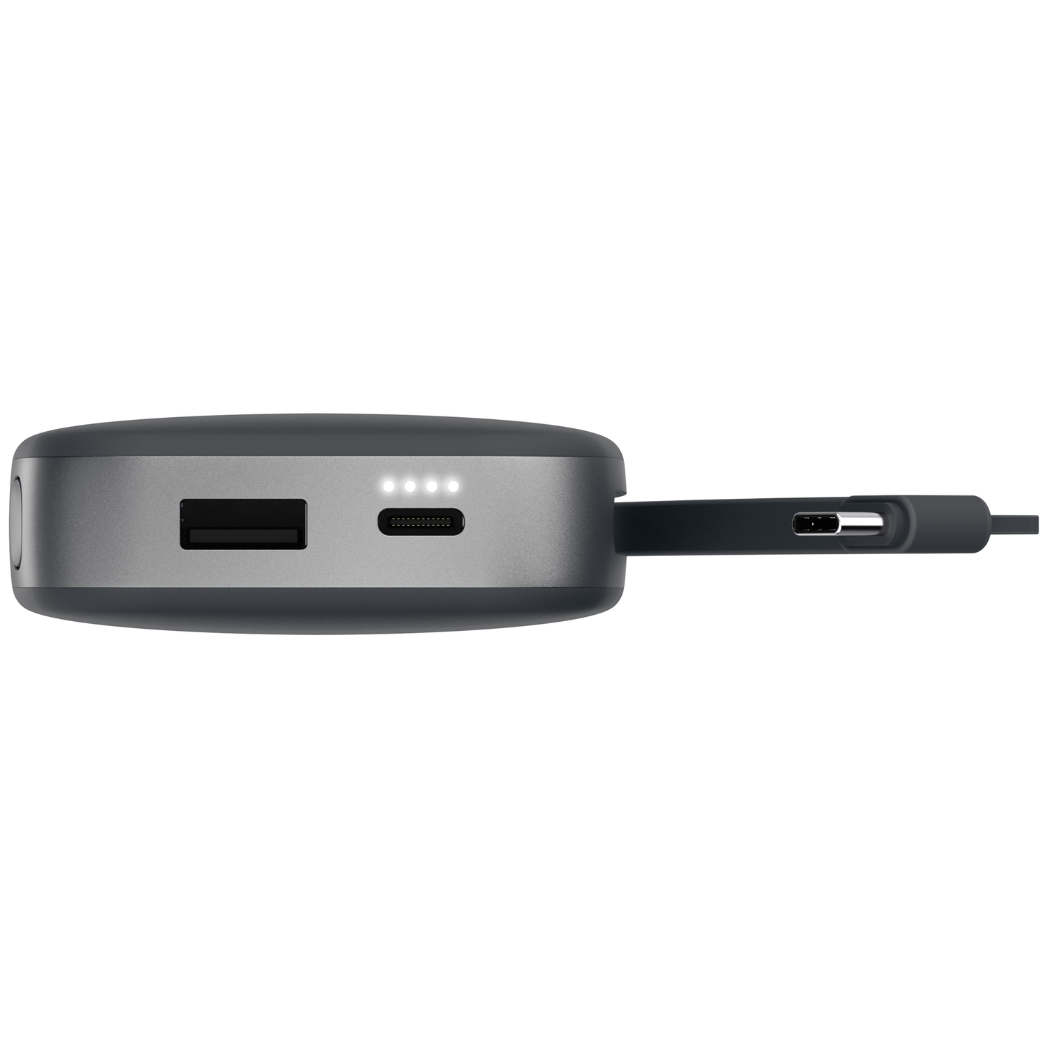 Une batterie externe grise avec un port USB, quatre voyants LED lumineux et un câble USB-C attaché.