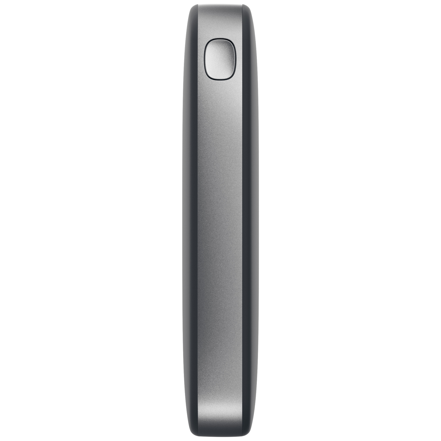 Une batterie externe grise et ovale avec un bouton d'alimentation ovale, sur fond blanc.