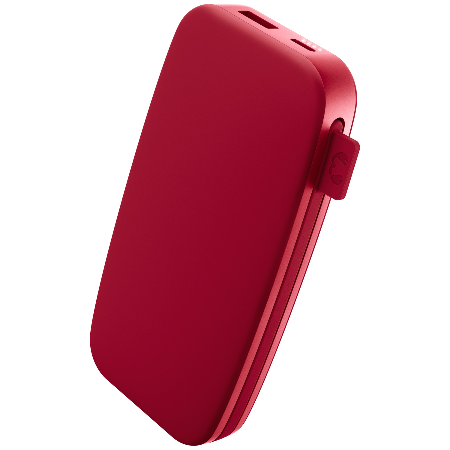 Une batterie externe rouge et compacte aux coins arrondis, avec ports USB et languette latérale sur fond blanc.