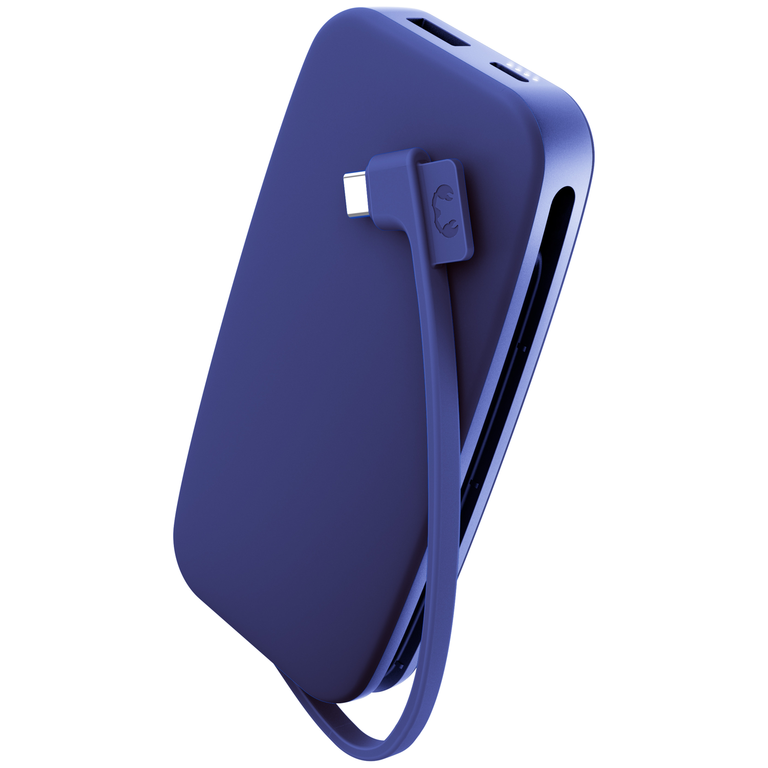 Une batterie externe bleu foncé avec un câble attaché sur un fond blanc.