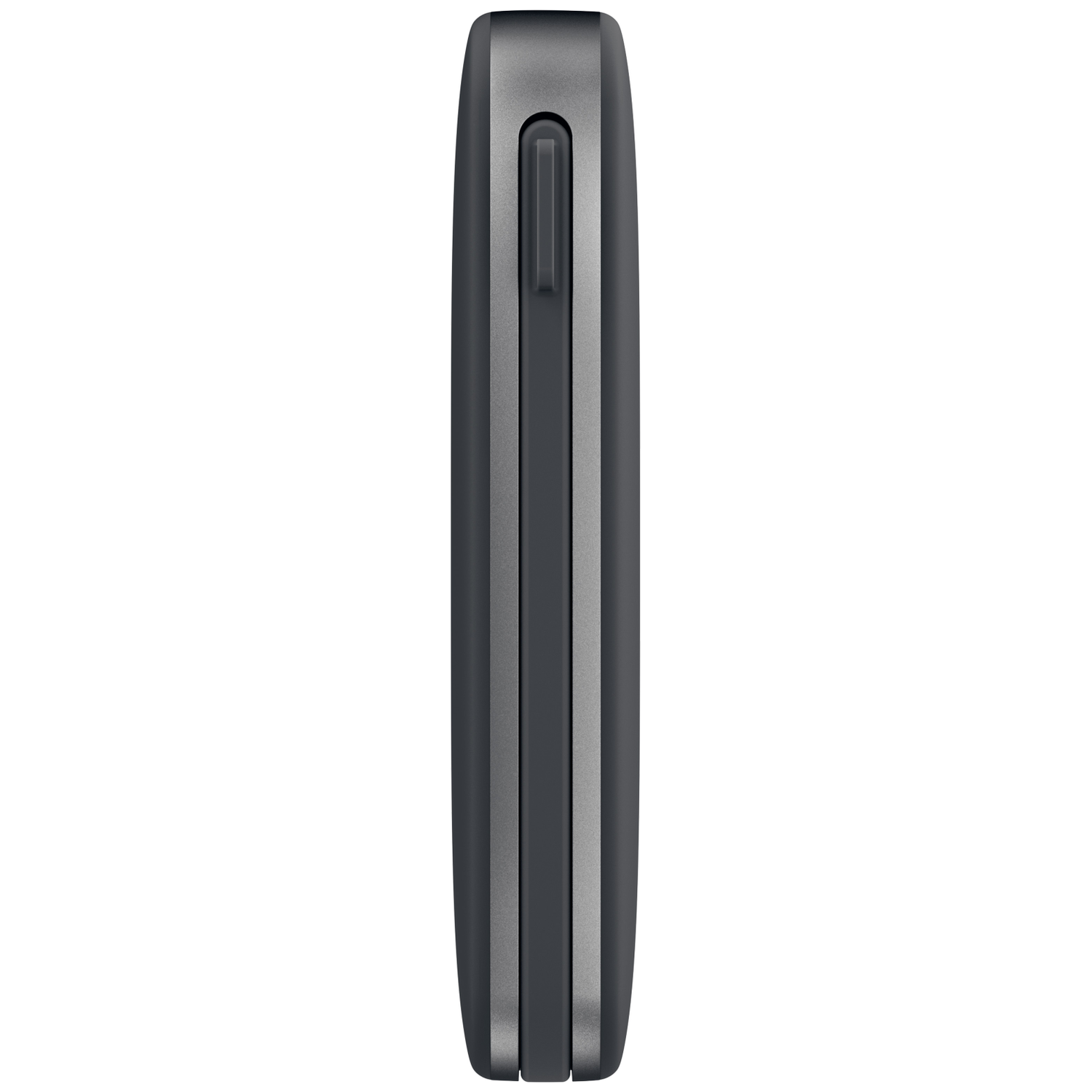 Un appareil électronique gris et arrondi vu de profil avec un bouton physique vertical central.