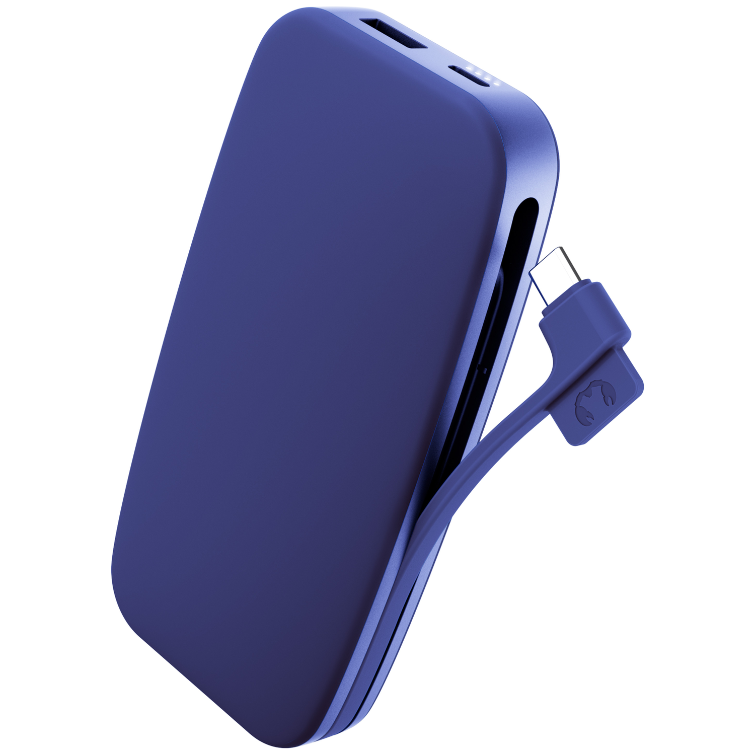 Une batterie externe bleue avec un câble USB-C coudé sur fond blanc.