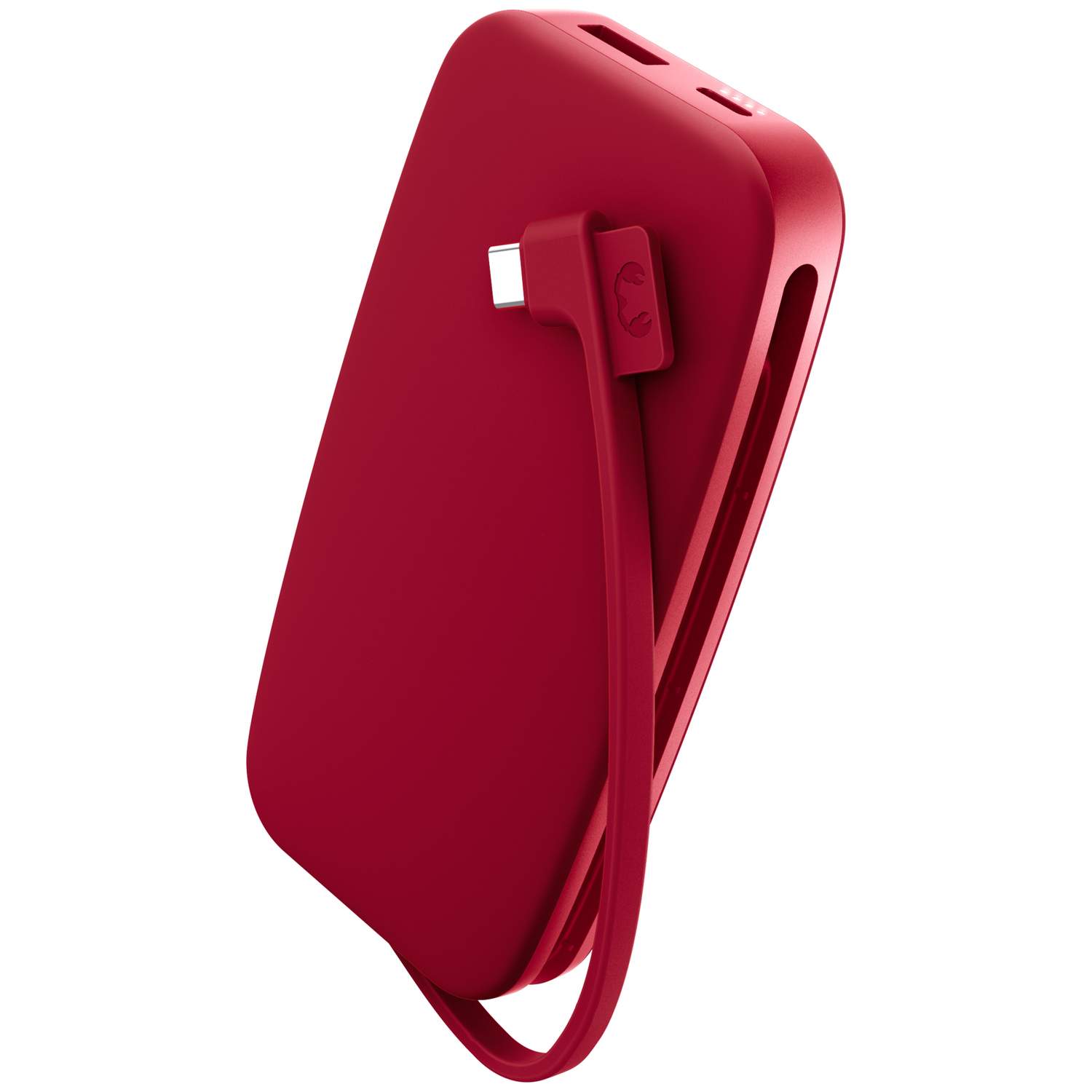 Une batterie externe rouge avec câble de charge intégré flotte sur fond blanc.