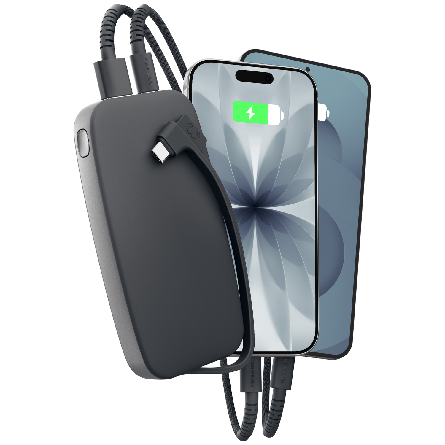 Une batterie externe noire et deux smartphones avec des indicateurs de charge.