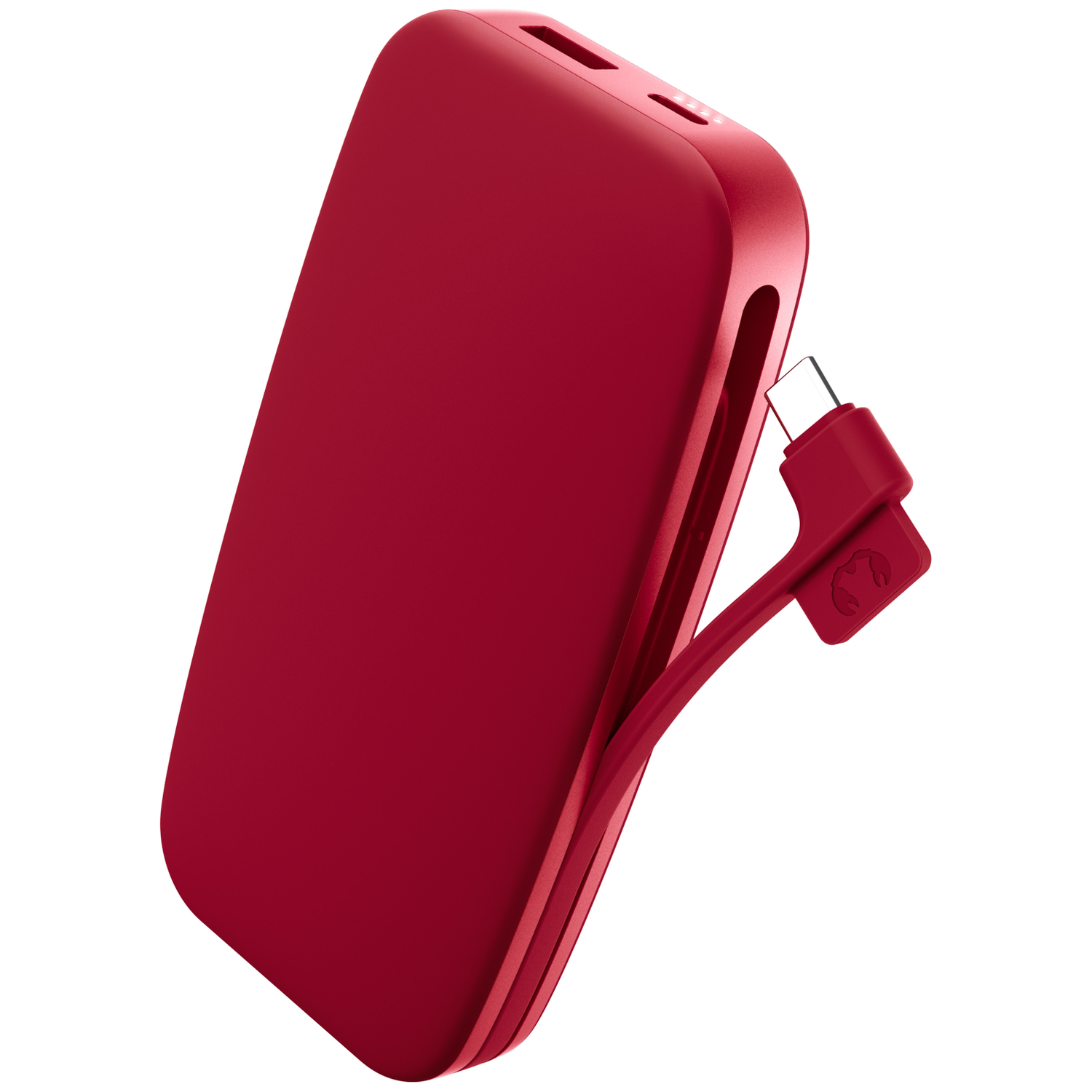 Une banque d'alimentation rouge avec un câble de charge attaché sur un fond blanc.