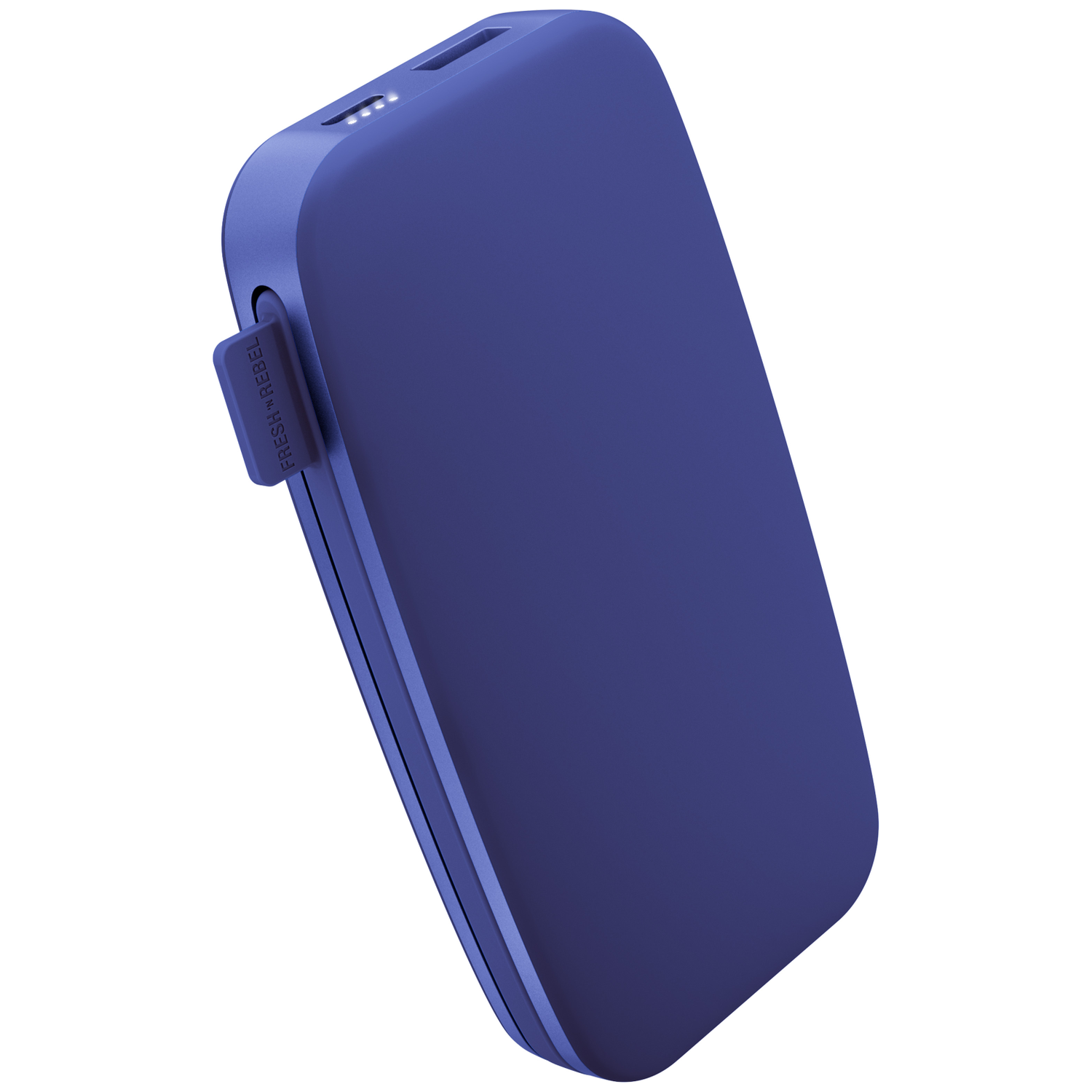 Une batterie externe bleue aux coins arrondis et ports USB sur fond blanc.