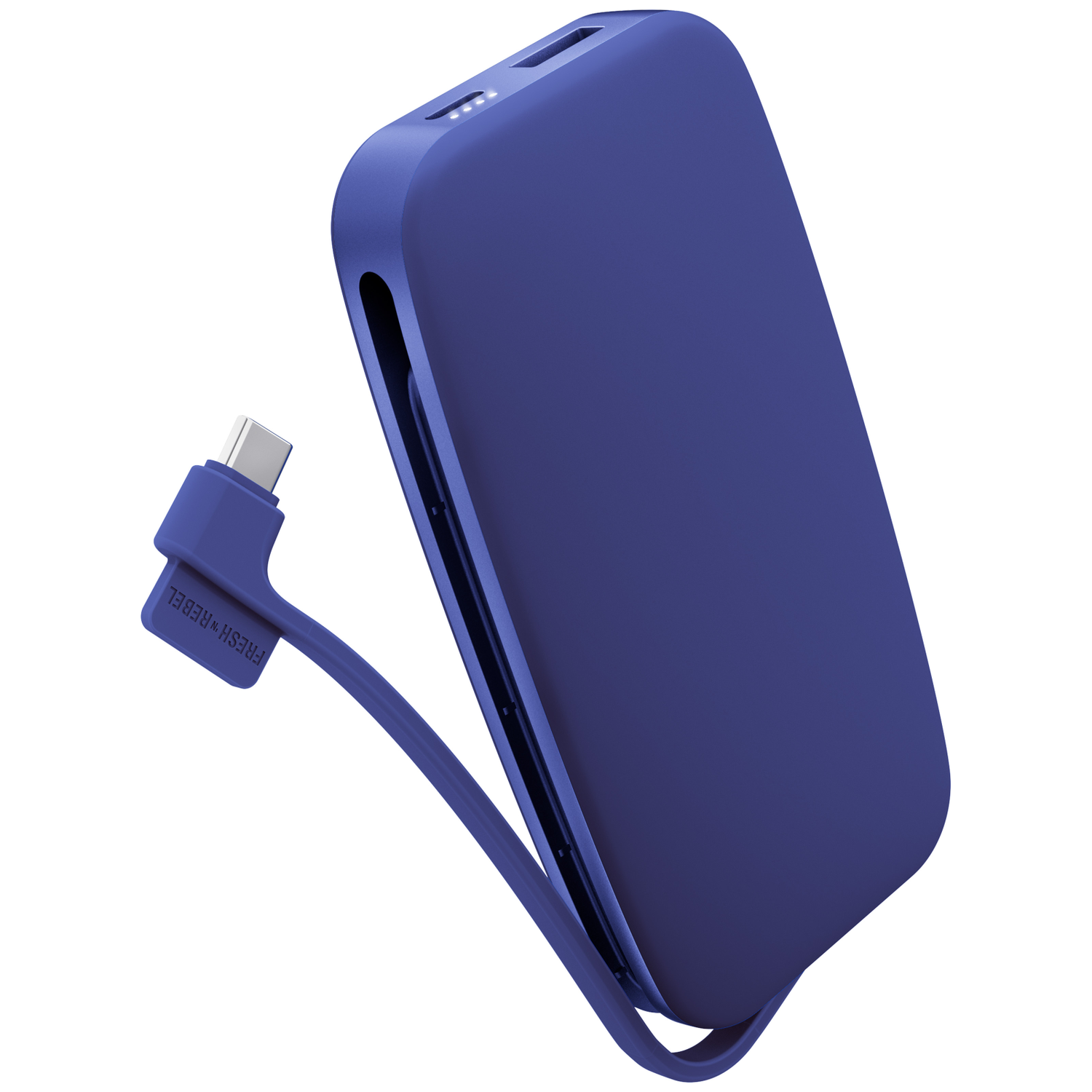 Une batterie externe bleue avec câble de charge intégré sur fond blanc.