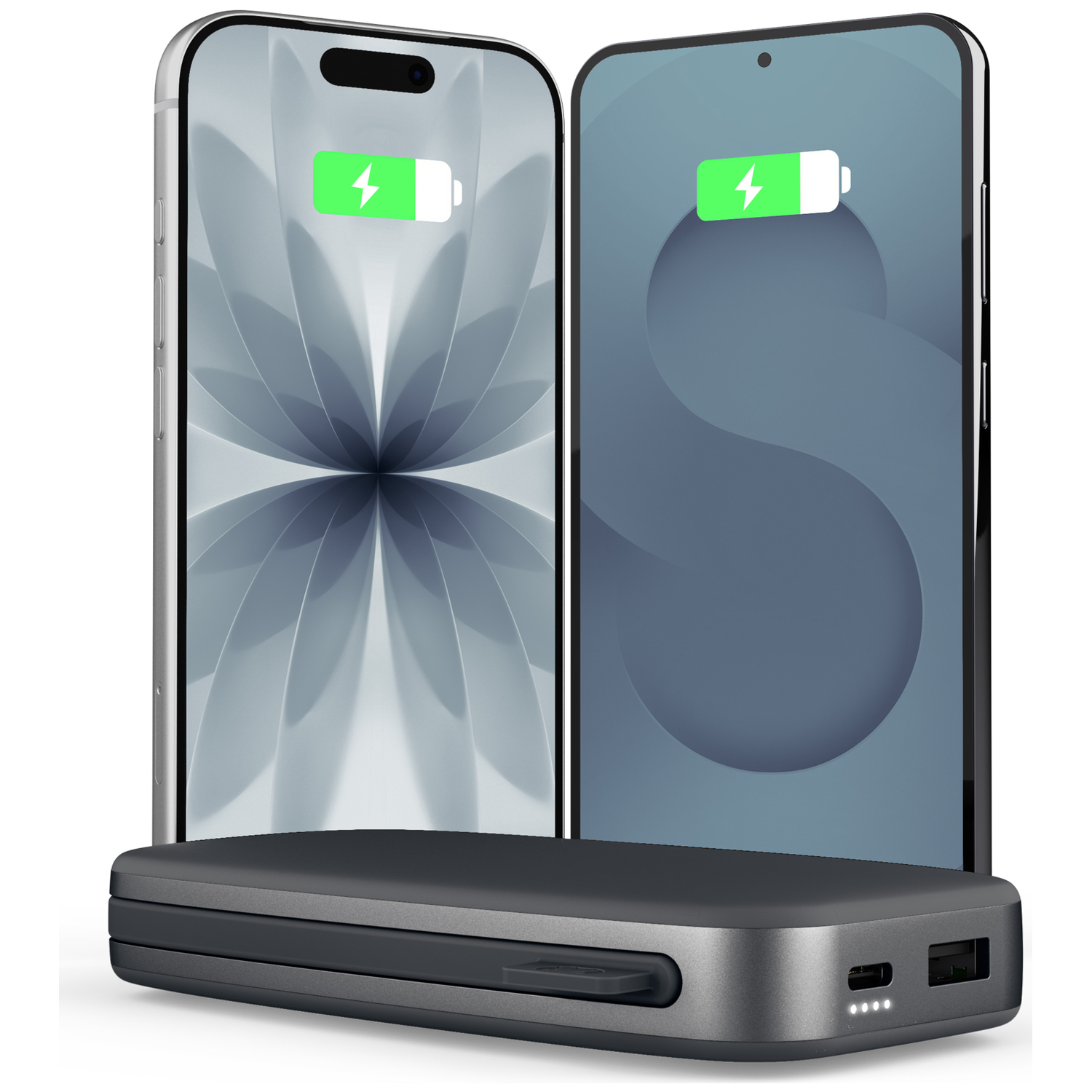 Deux smartphones en charge sur une batterie externe grise sur fond blanc.