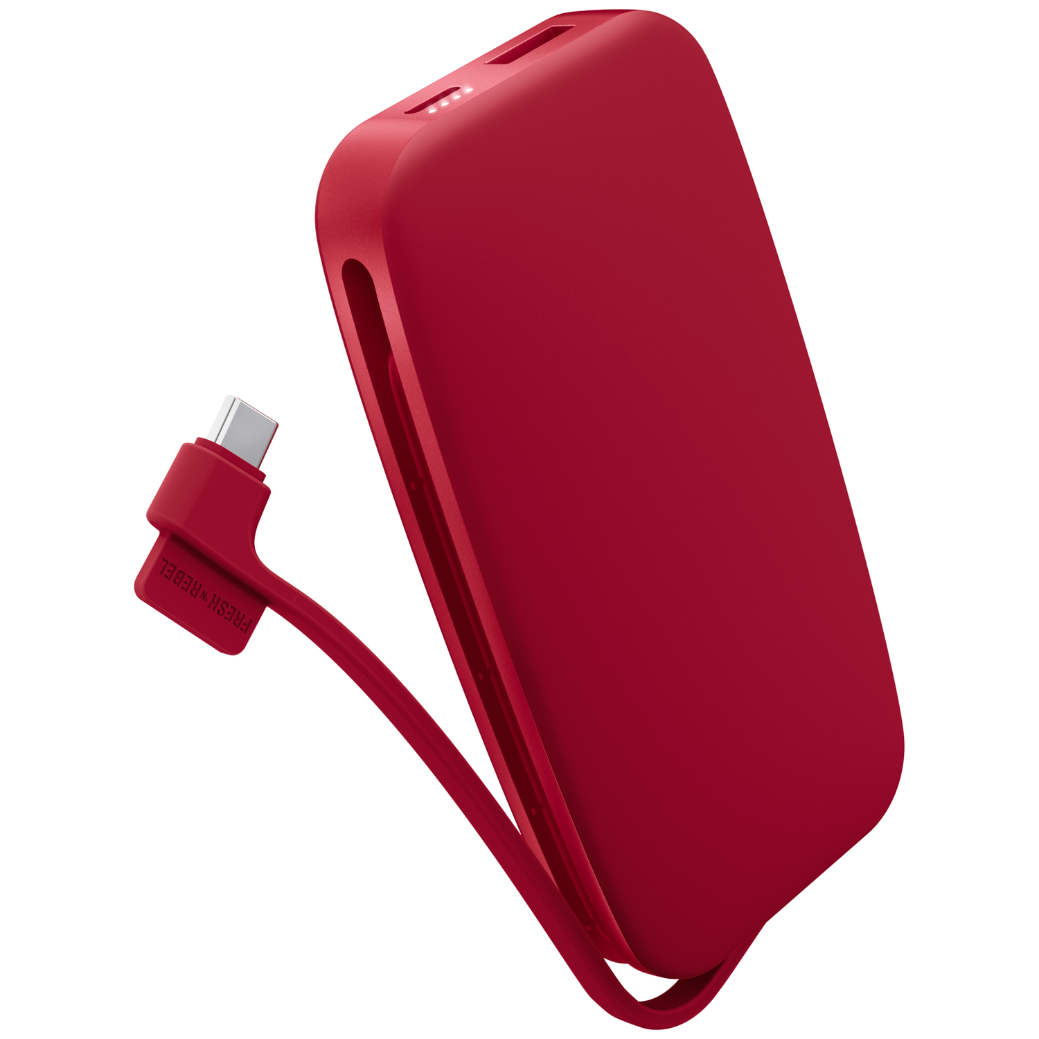 Une batterie externe rouge avec un câble attaché sur fond blanc.