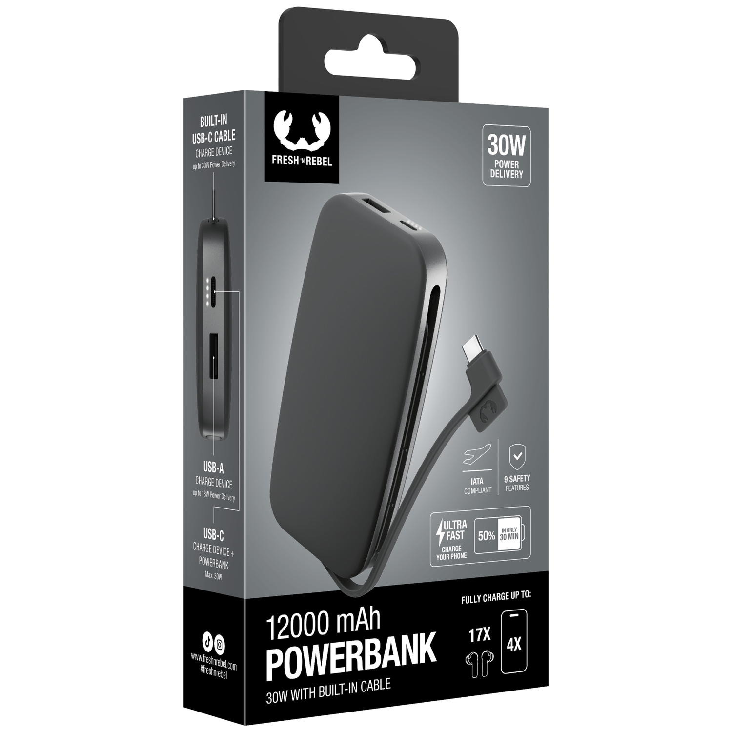 Emballage gris d'une powerbank Fresh 'n Rebel de 12000 mAh avec câble USB-C intégré et charge de 30 W.