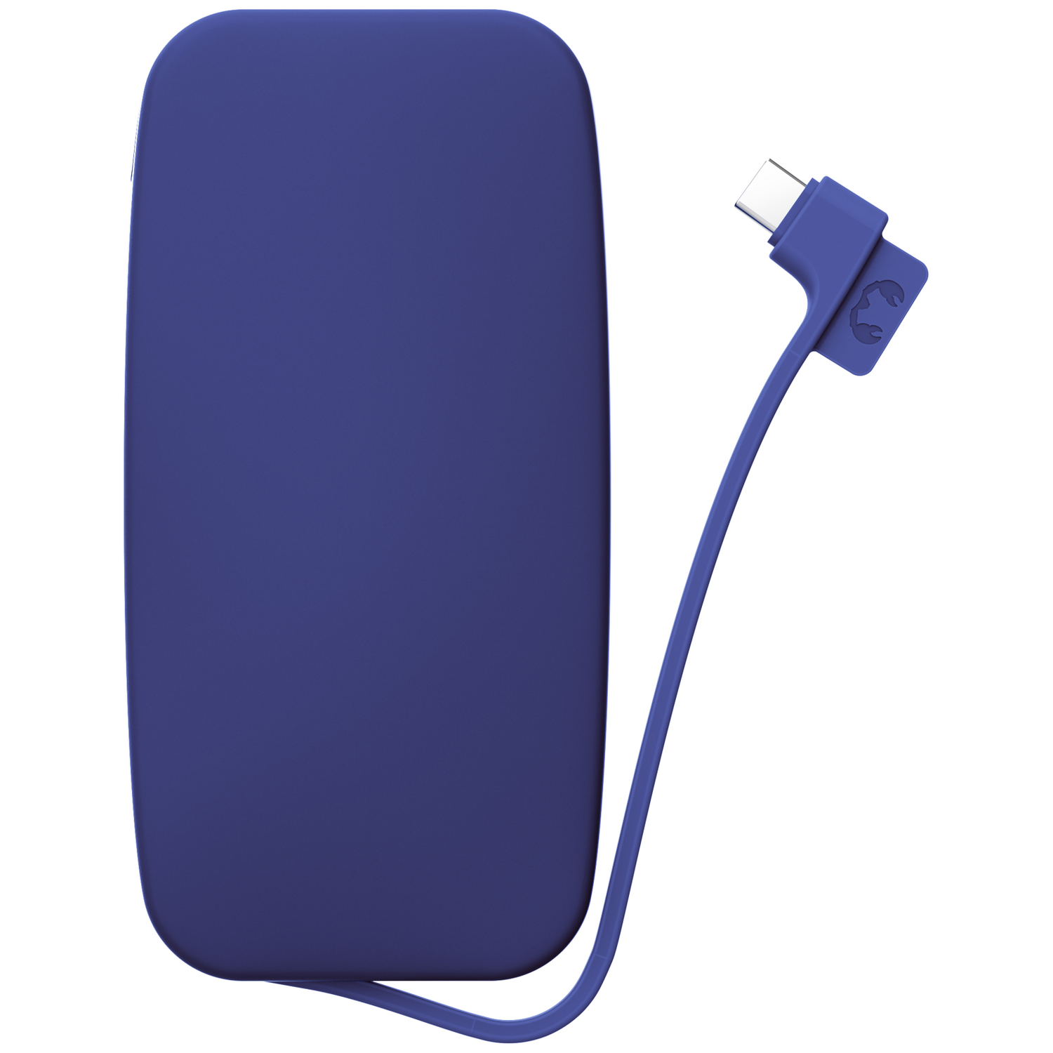 Une batterie externe bleue aux coins arrondis avec un câble de charge bleu attaché et un connecteur Type-C.