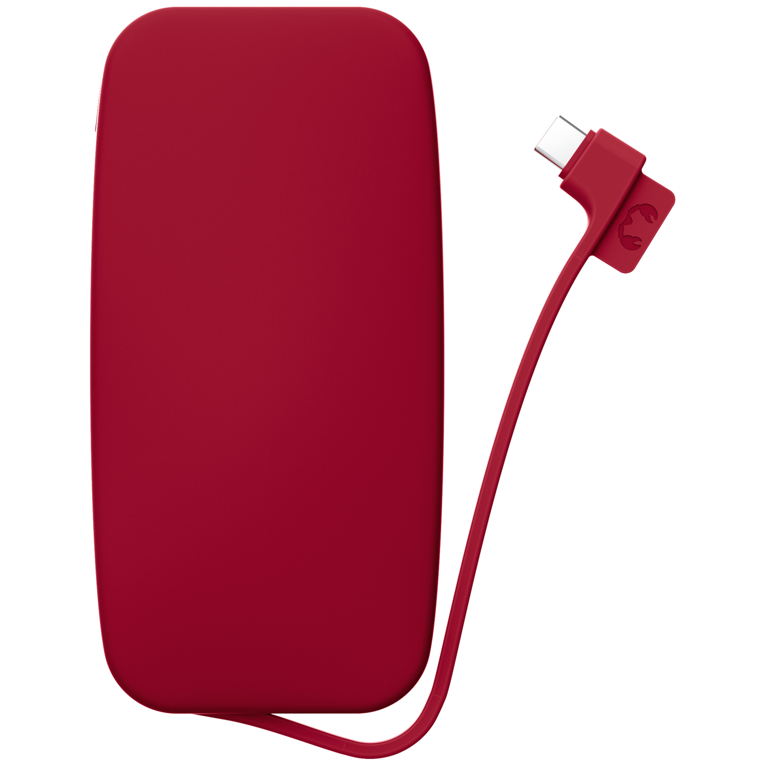 Une batterie externe rouge aux coins arrondis avec un câble USB-C rouge attaché.
