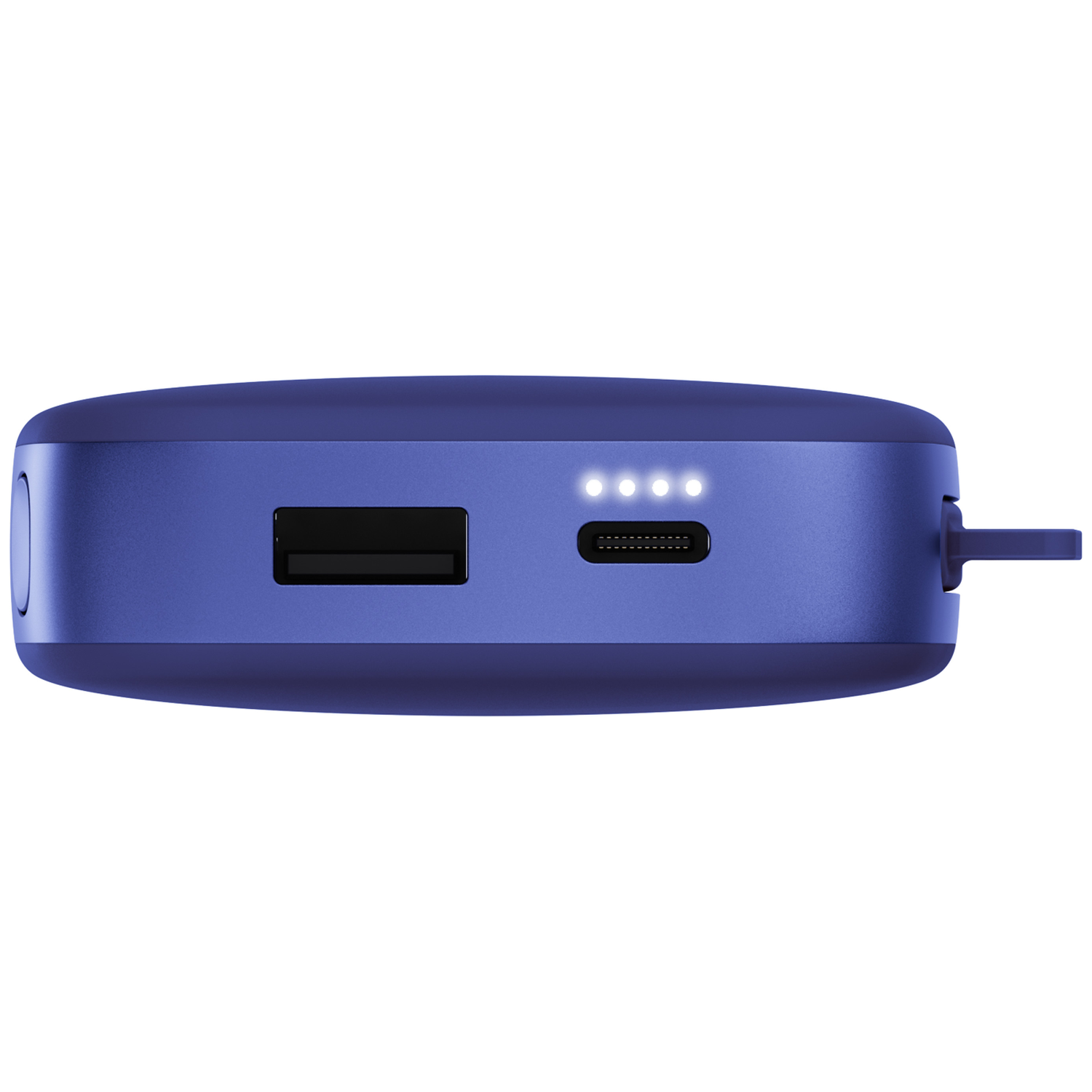 Batterie externe bleue avec un port USB, un port Type-C et quatre voyants lumineux LED à l'avant.