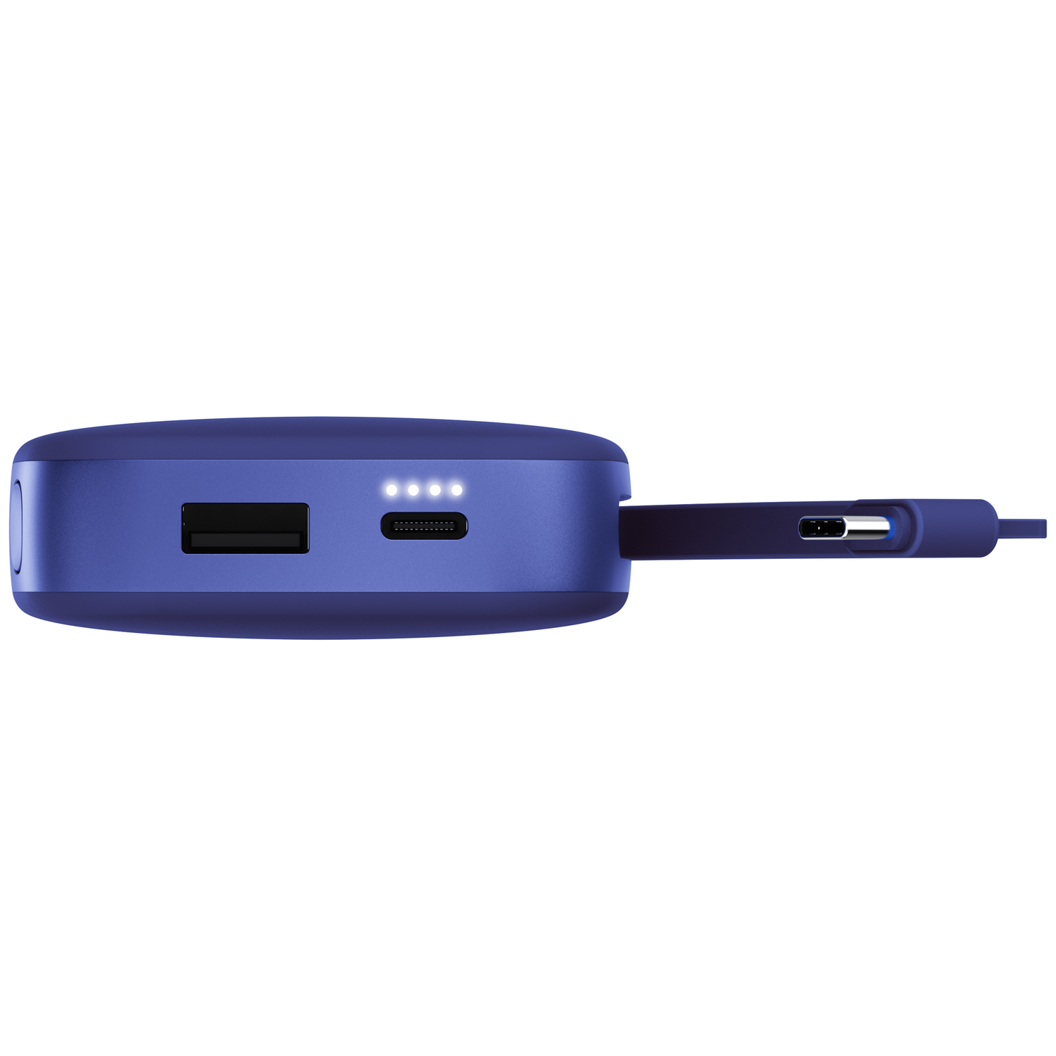 Batterie externe bleue avec port USB, quatre voyants, port USB-C et câble de charge connecté sur fond blanc.