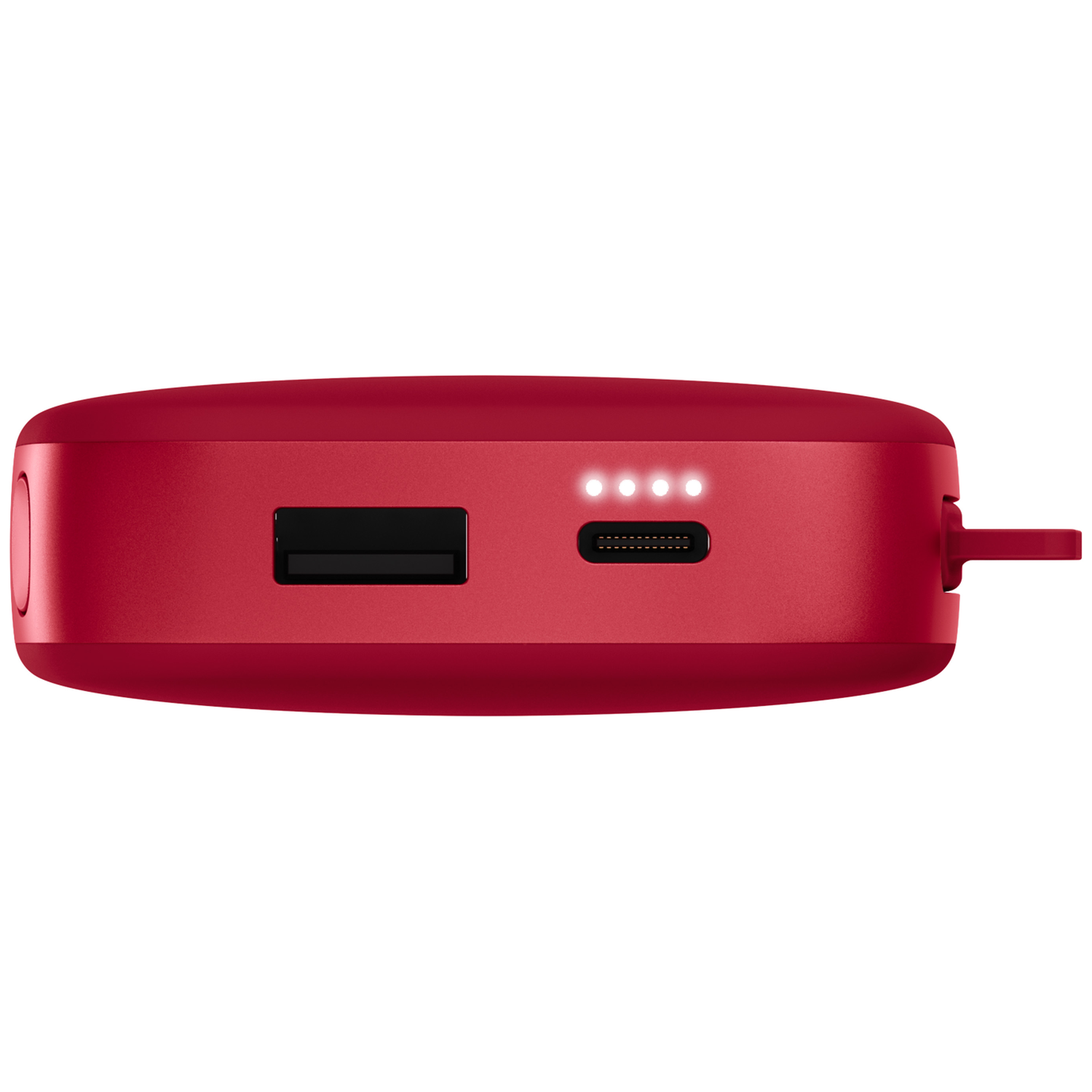 Batterie externe rouge avec port USB-A, port USB-C et quatre voyants lumineux sur un fond blanc.