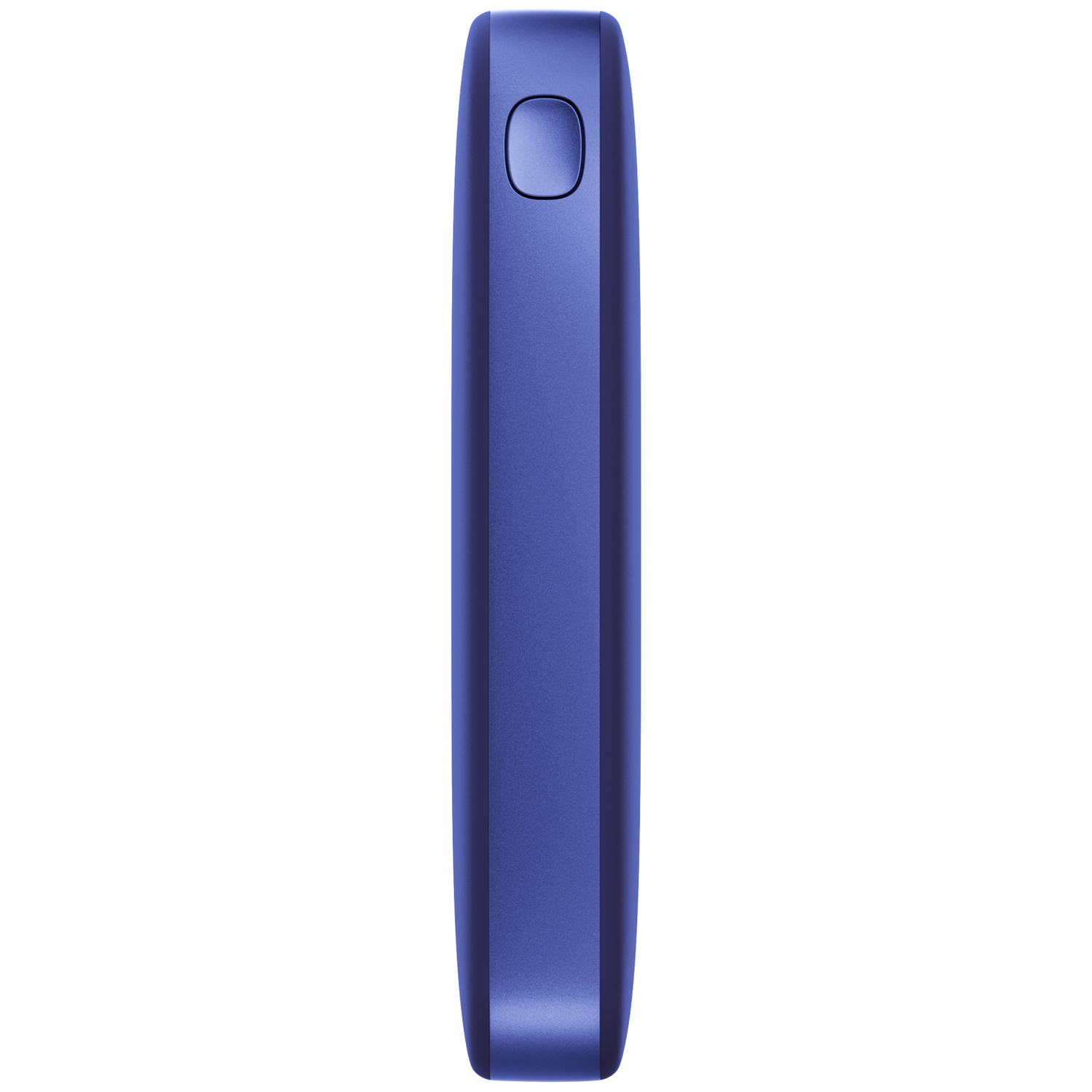 Un appareil électronique bleu lisse, de forme ovale, avec un bouton en haut.