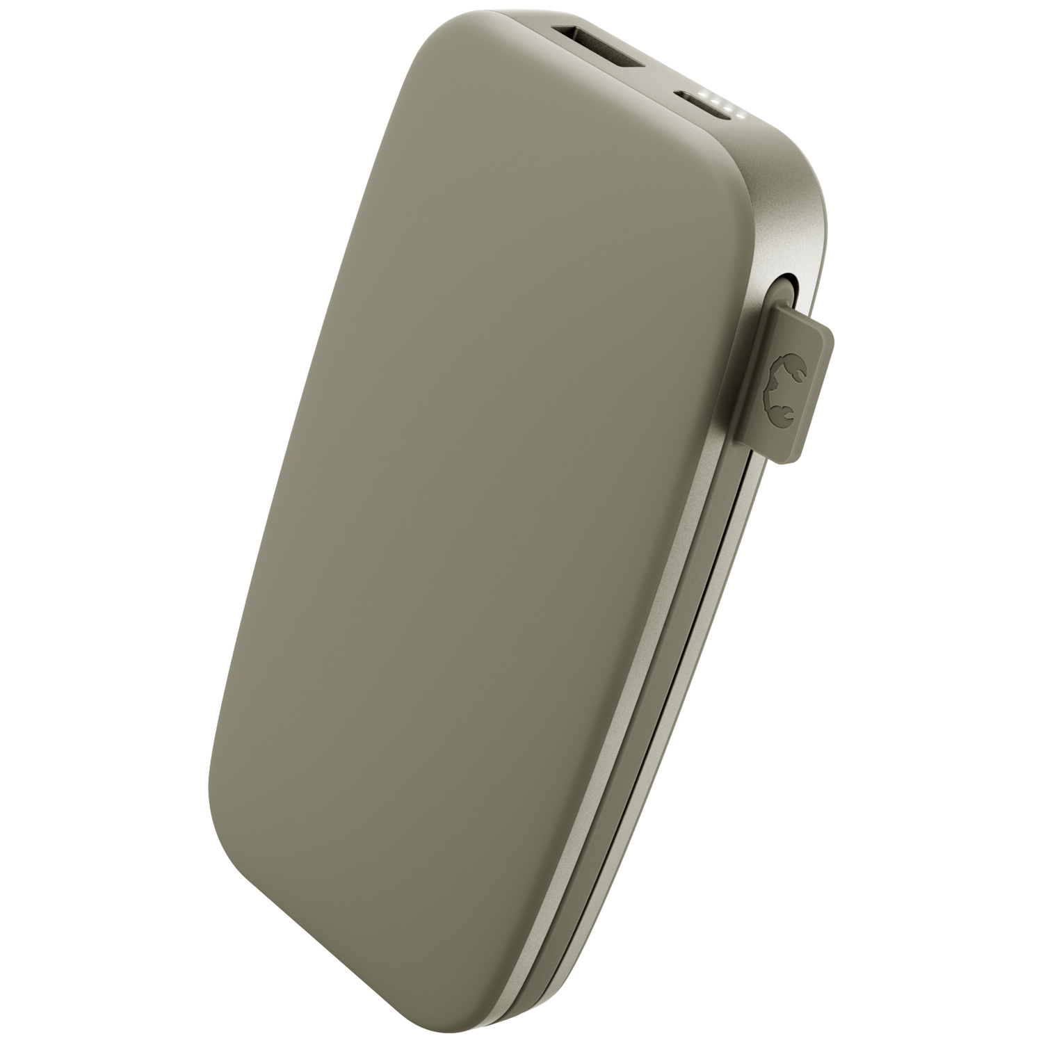 Batterie externe portable vert olive avec ports et petite lanière sur fond blanc uni.