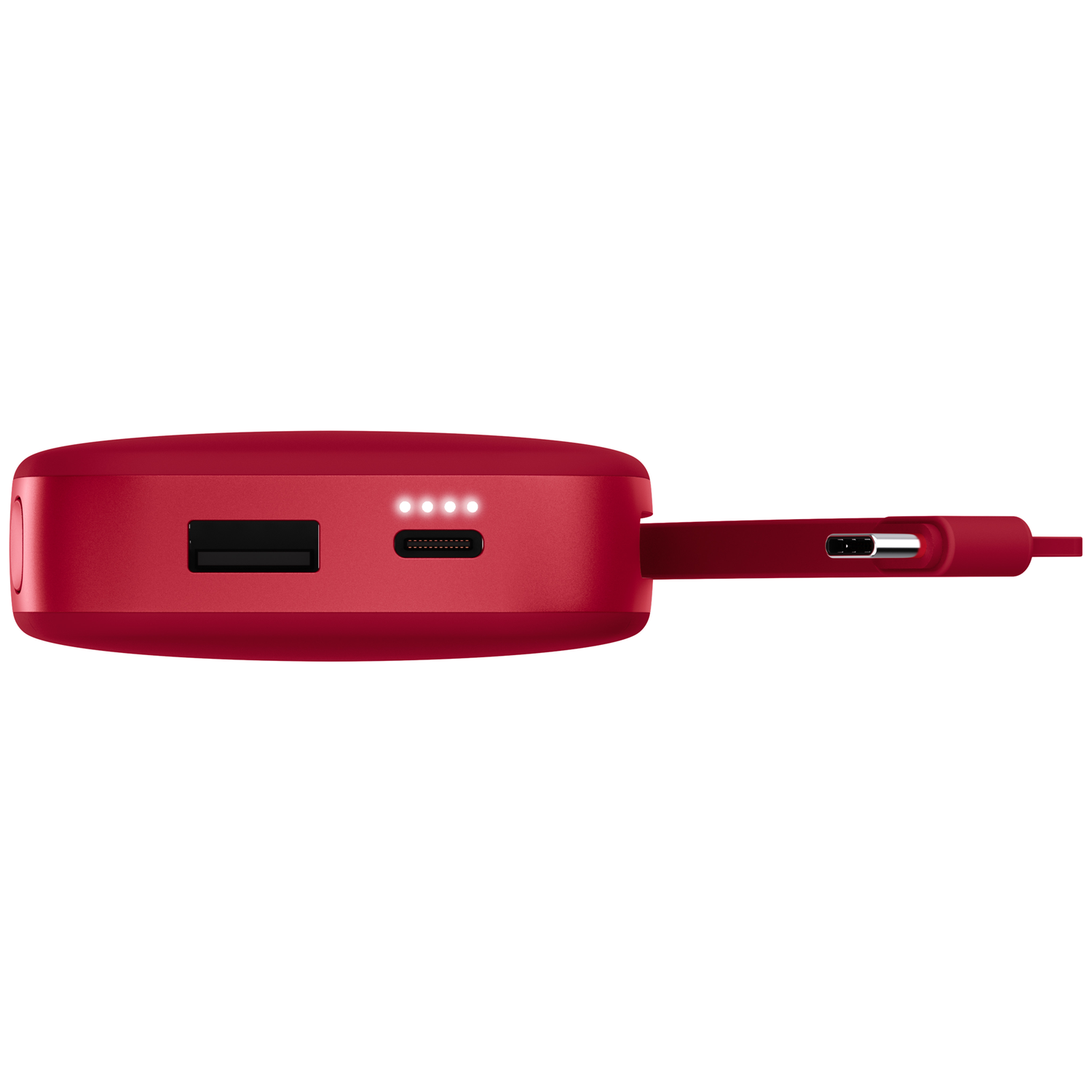 Une batterie externe rouge avec des ports USB et quatre voyants LED lumineux sur fond blanc.