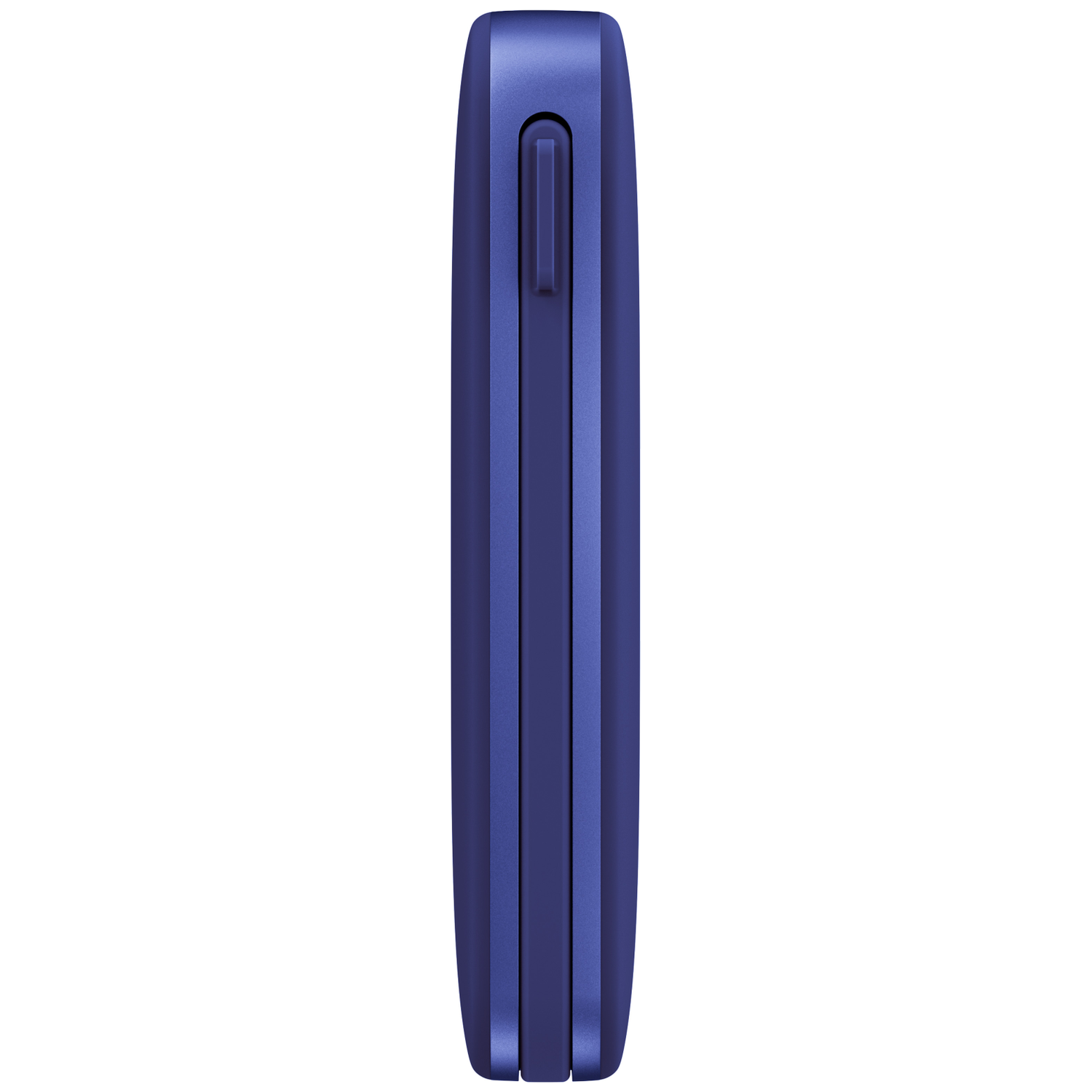 Vue latérale d'un appareil bleu doté d'un bouton allongé.