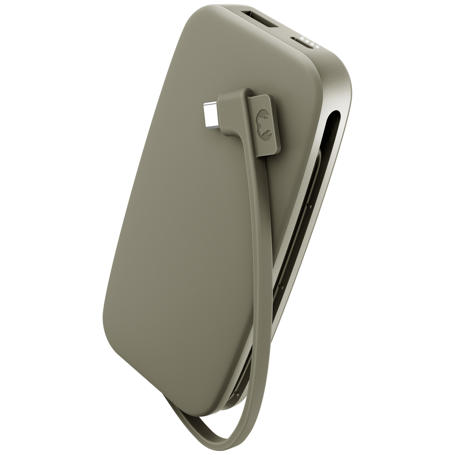 Gros plan d'une batterie externe vert olive avec un câble de charge intégré sur fond blanc.