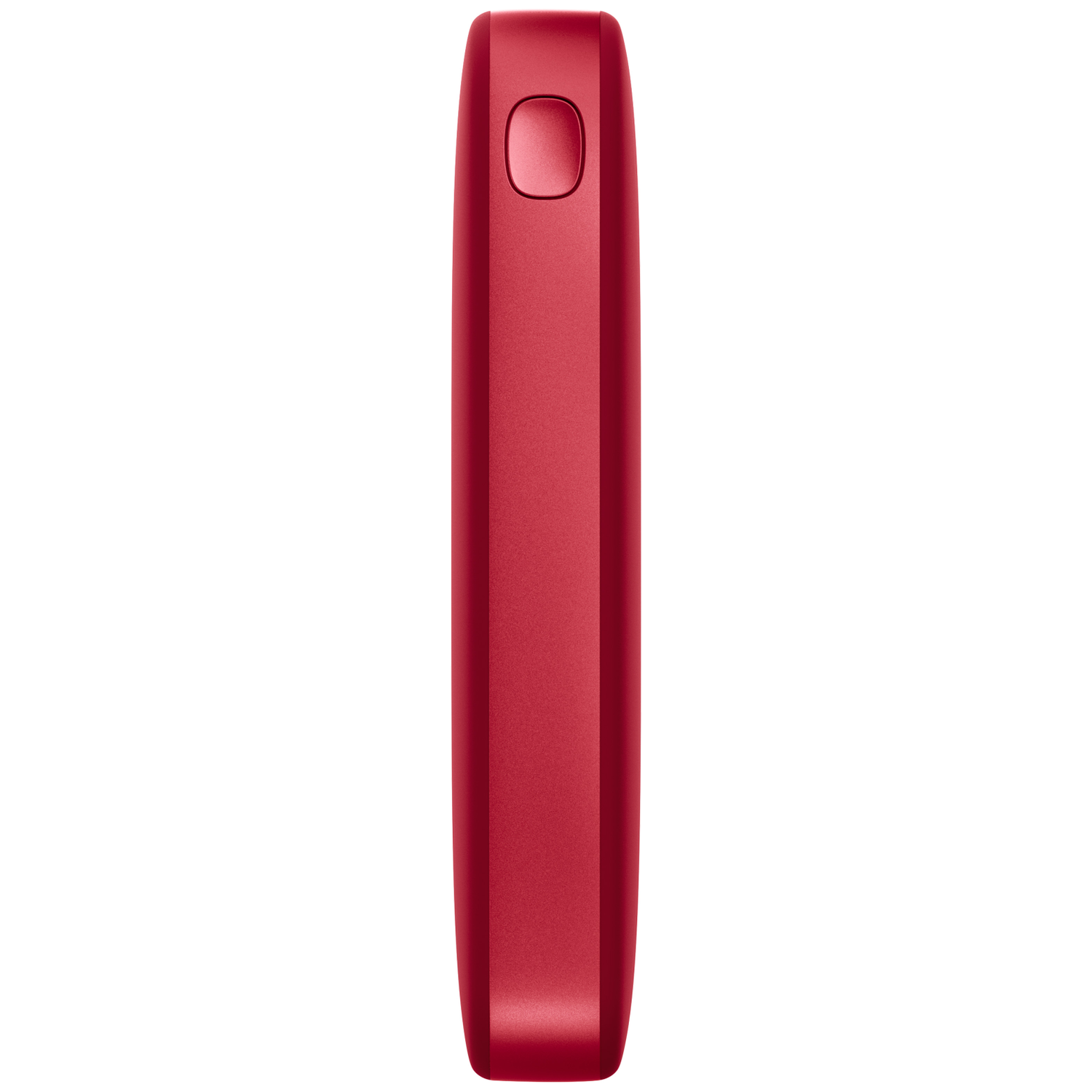 Un appareil électronique rouge, brillant et allongé, doté d'un bouton rond en haut, sur fond blanc.