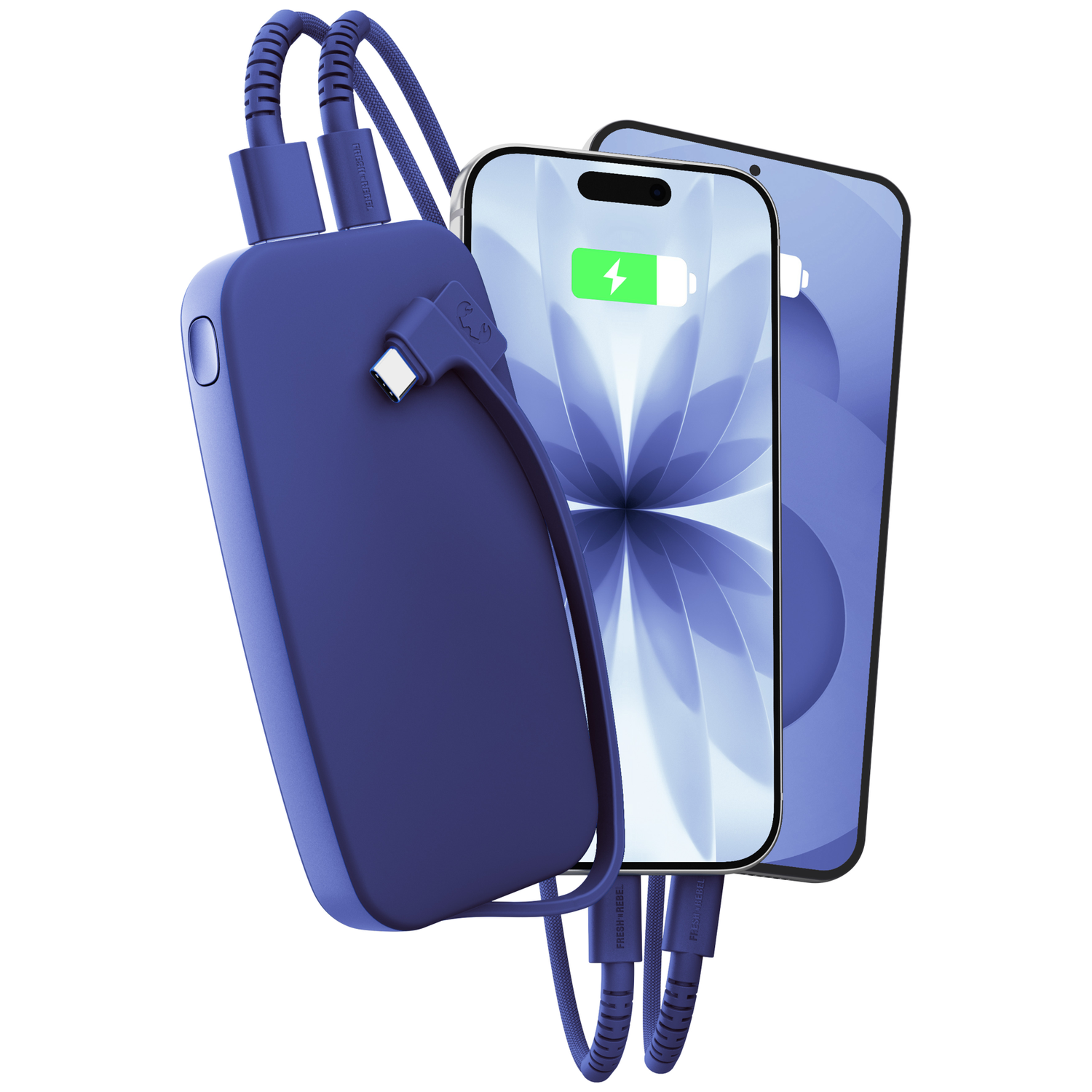 Une batterie externe bleue charge deux smartphones affichant une icône de batterie verte.