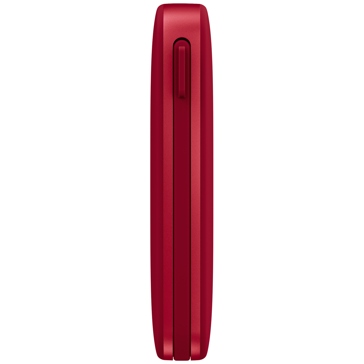 Une cigarette électronique rouge foncé de forme ovale, présentée verticalement sur fond blanc.