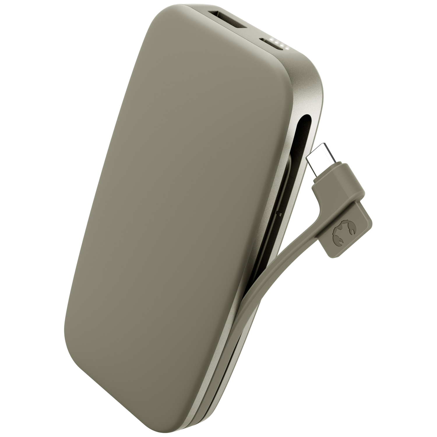 Une batterie externe vert olive avec un câble de charge intégré sur fond blanc.