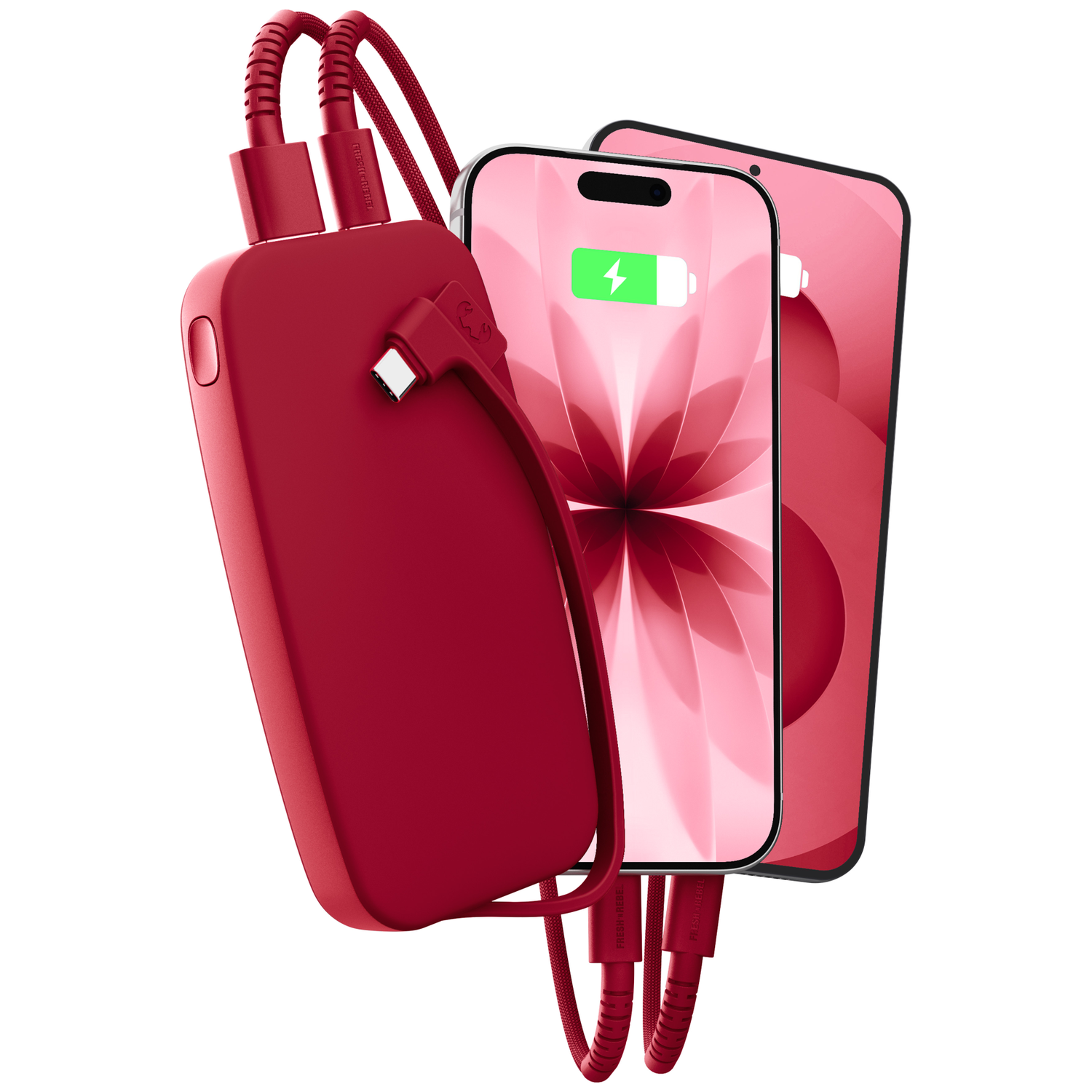 Une batterie externe rouge connectée avec des câbles tressés rouges charge deux smartphones.