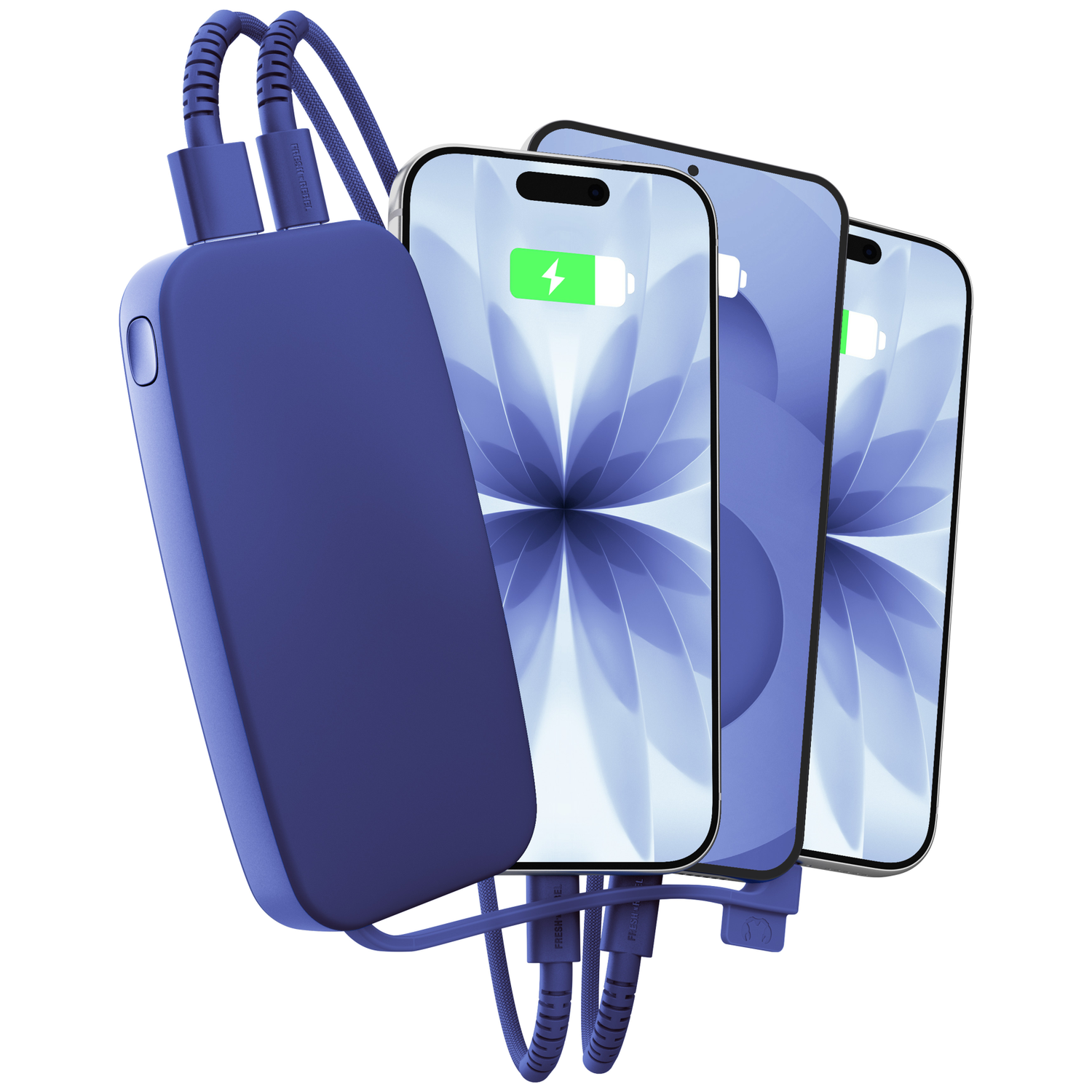 Une batterie externe bleue recharge trois smartphones à écran bleu.