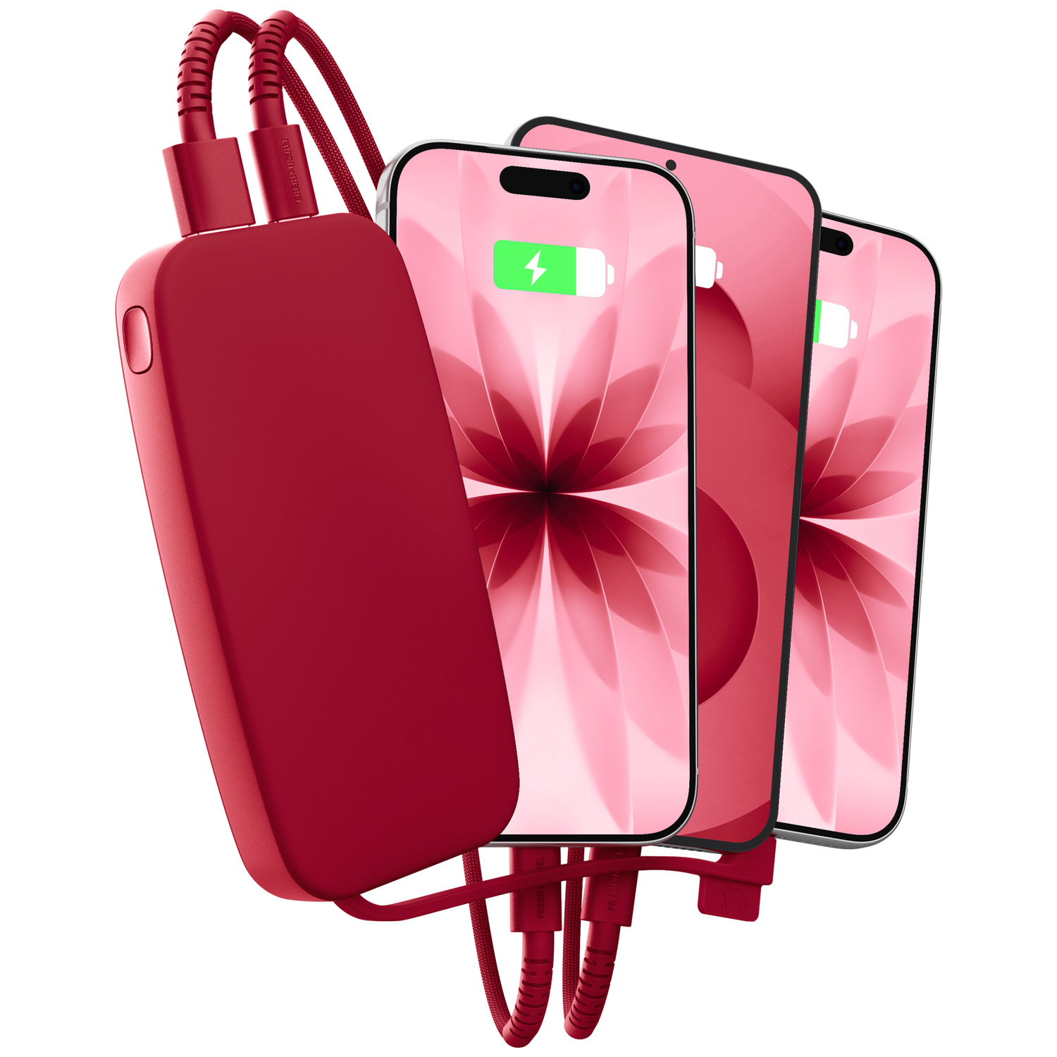 Une batterie externe rouge charge trois smartphones avec des écrans rouges.