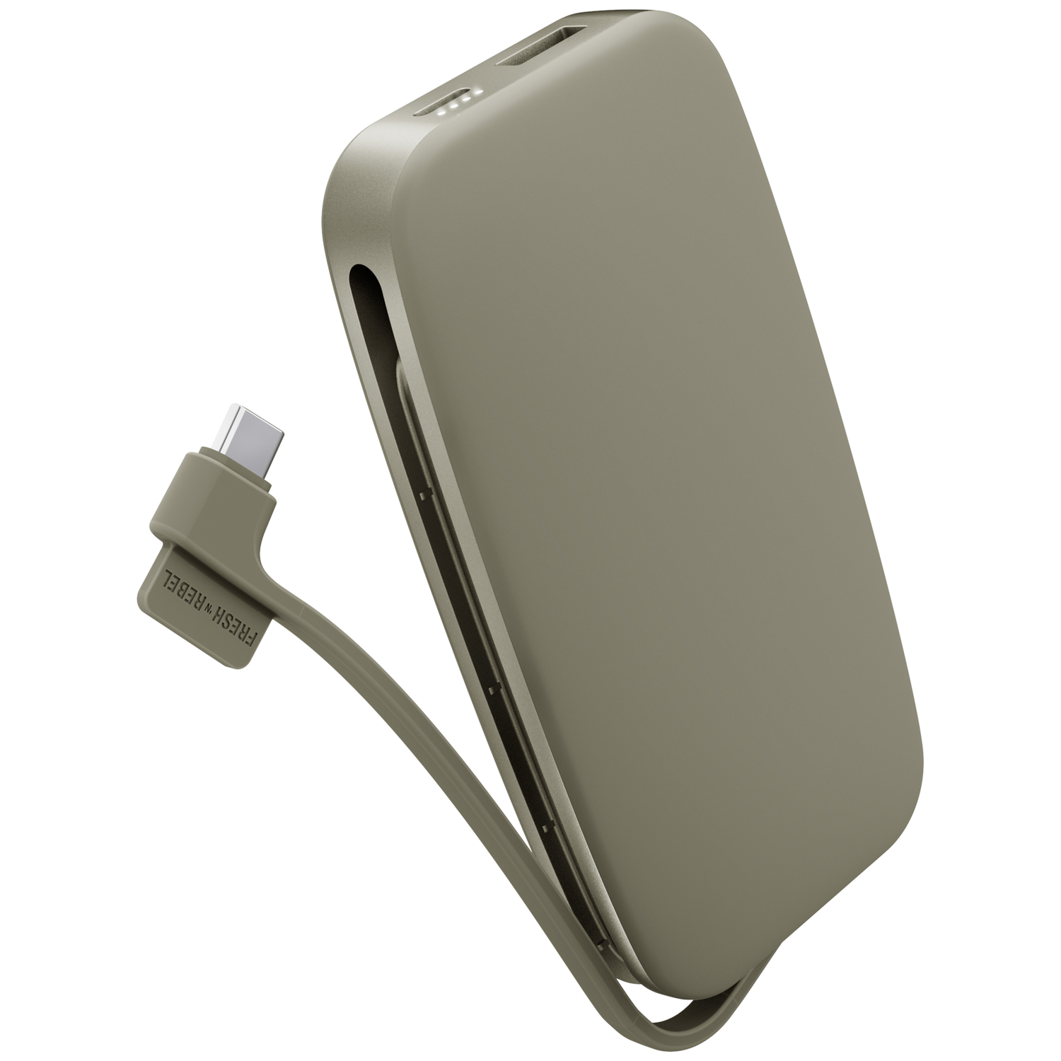 Une batterie externe vert olive avec un câble de charge intégré et des ports visibles sur le dessus sur fond blanc.