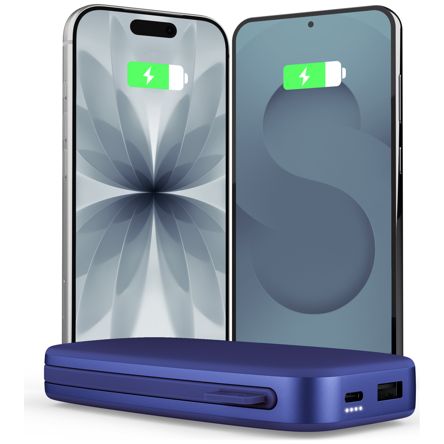 Deux smartphones avec des icônes de charge à l'écran derrière une batterie externe bleue.