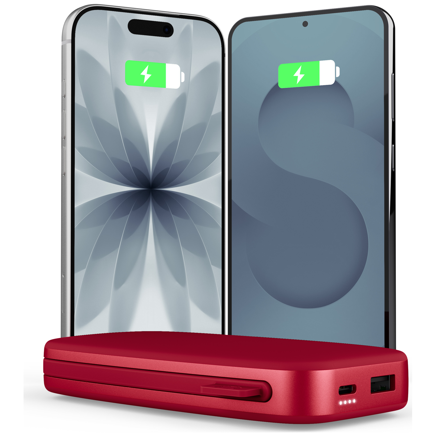 Deux smartphones derrière une batterie externe rouge sur fond blanc.