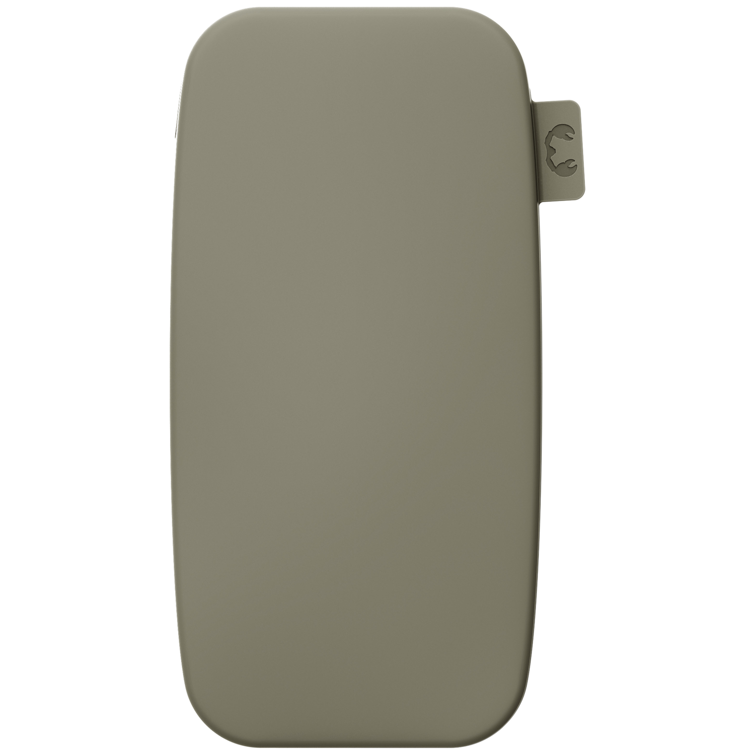 Un étui rectangulaire en silicone vert olive aux coins arrondis et une petite languette avec un logo de crabe.