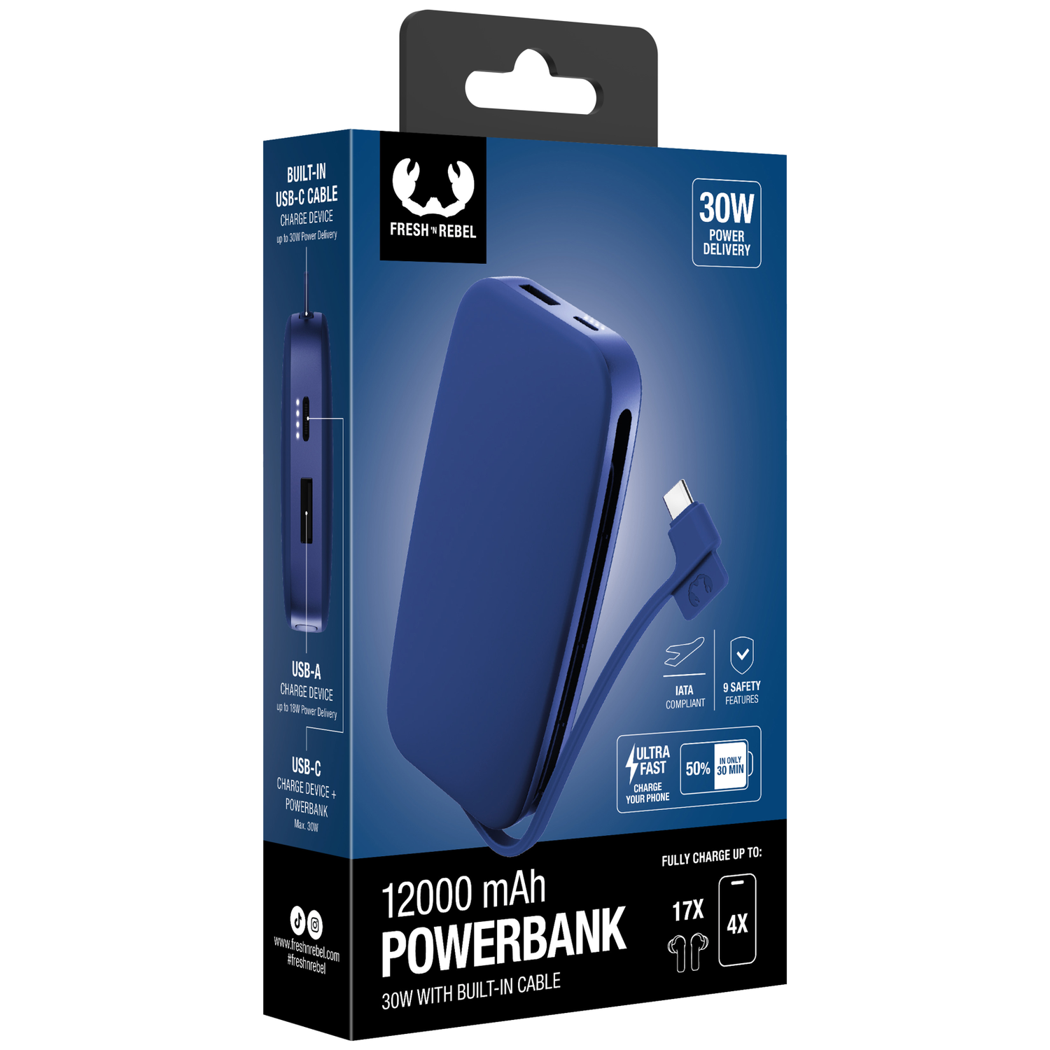 Batterie externe bleue Fresh 'n Rebel en emballage avec câble intégré et 12000 mAh.