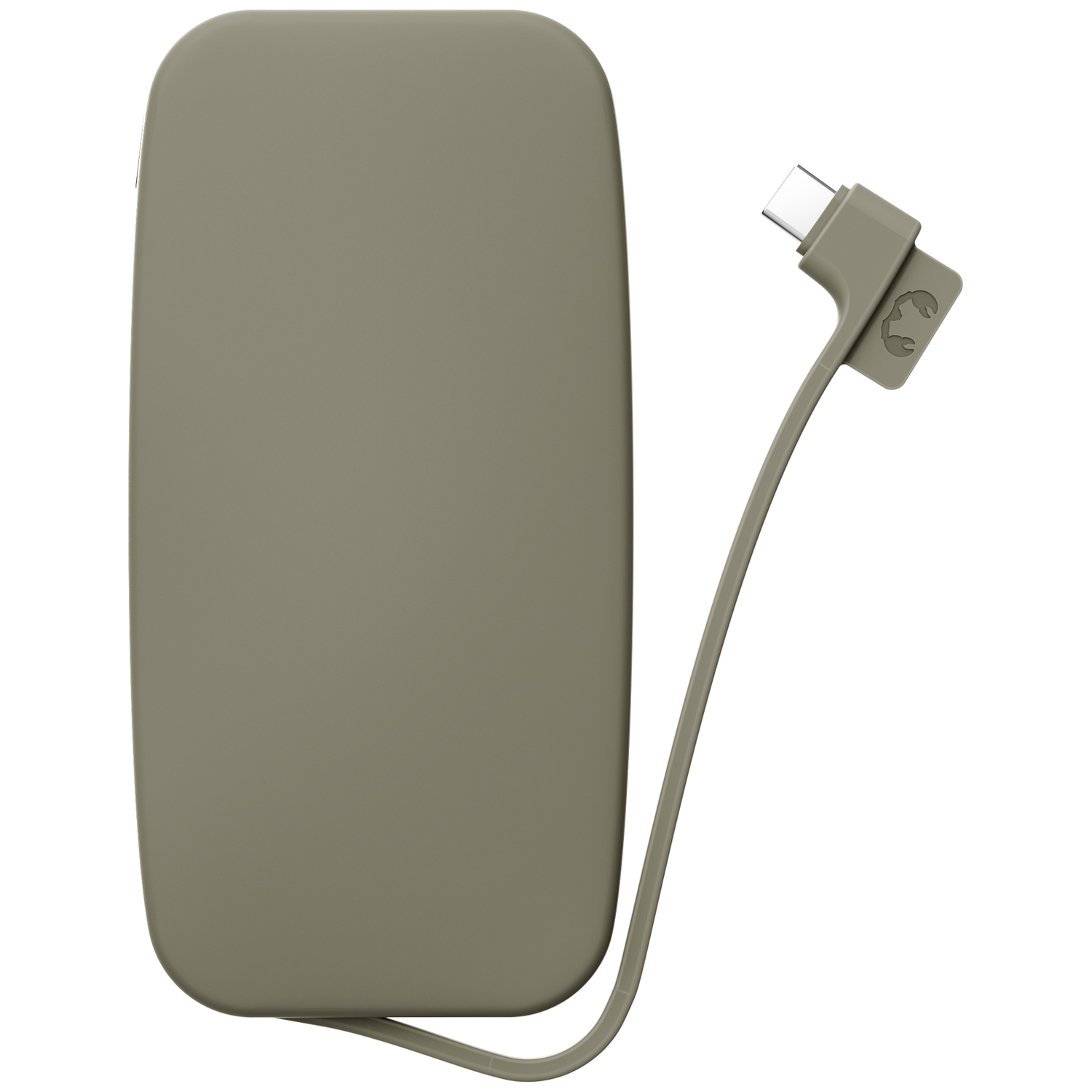 Un chargeur portable vert olive avec un câble de charge intégré et un connecteur de type C.