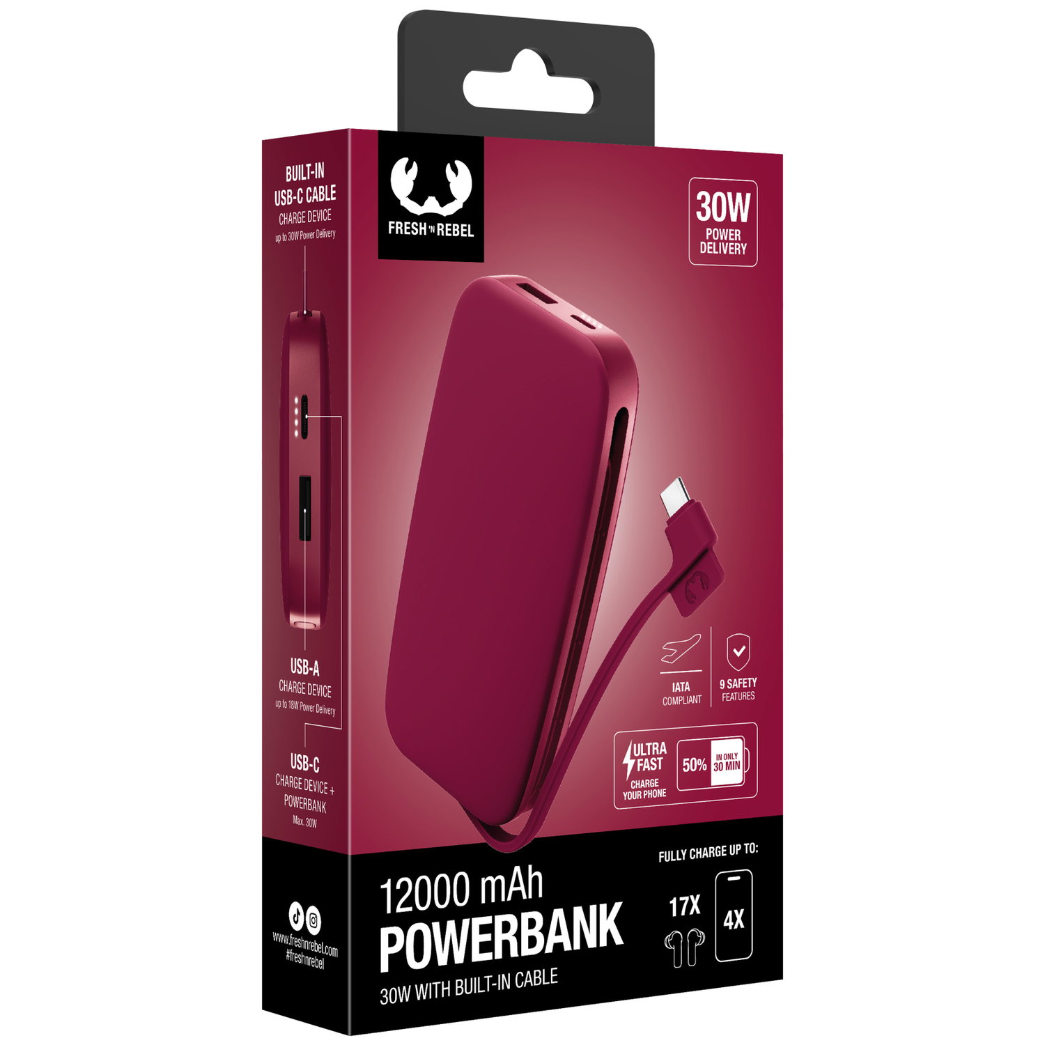 Batterie externe rouge dans son emballage avec câble intégré et texte 12000 mAh et 30W.
