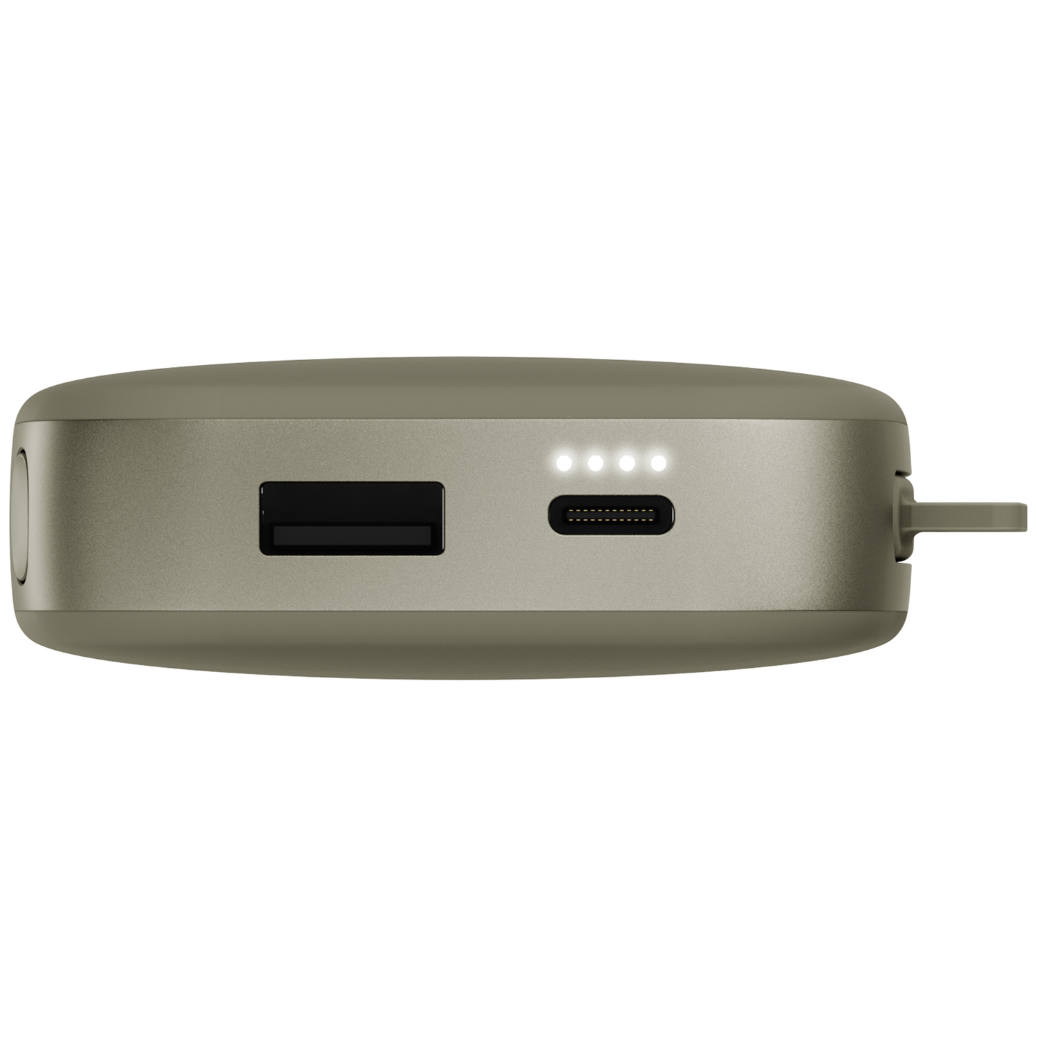 Batterie externe vert olive avec ports USB-A et USB-C, et quatre voyants LED blancs sur fond blanc.