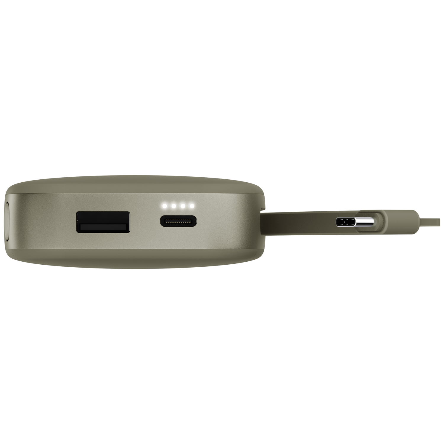 Batterie externe vert olive avec ports USB, voyants LED et câble Type-C attaché sur fond blanc.